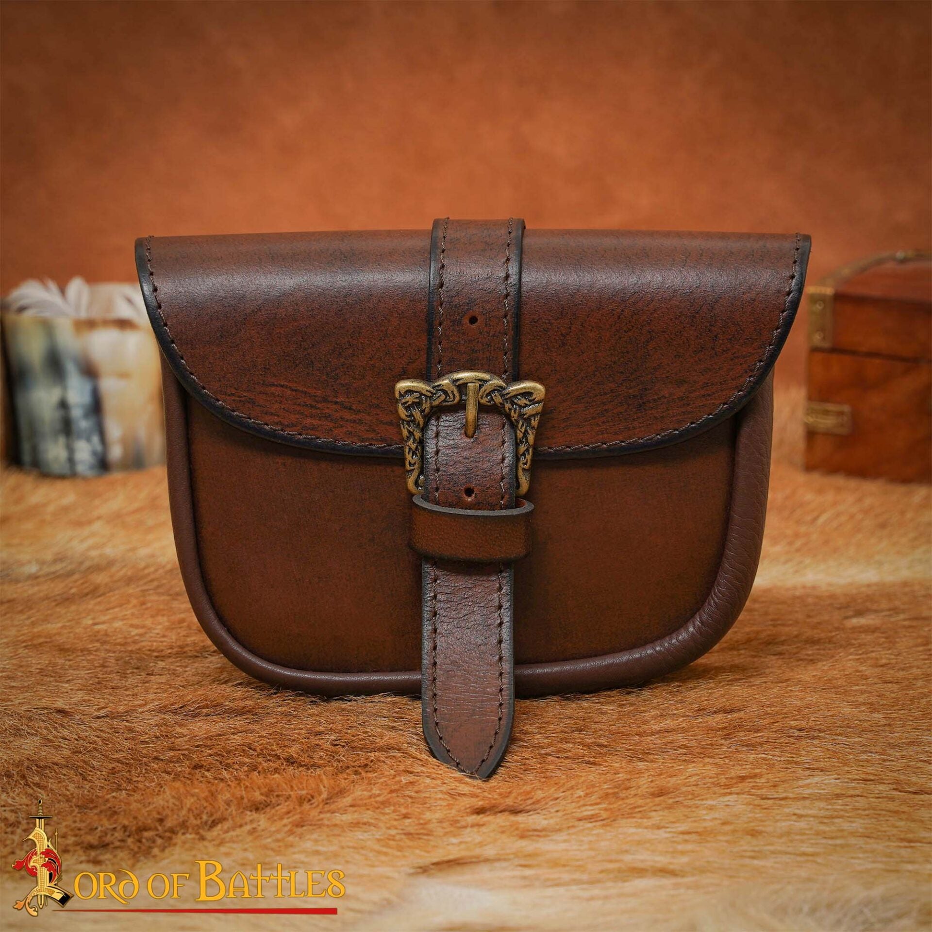Bolsa de cinturón de cuero hecha a mano con hebilla celta de latón antiguo - Marrón
