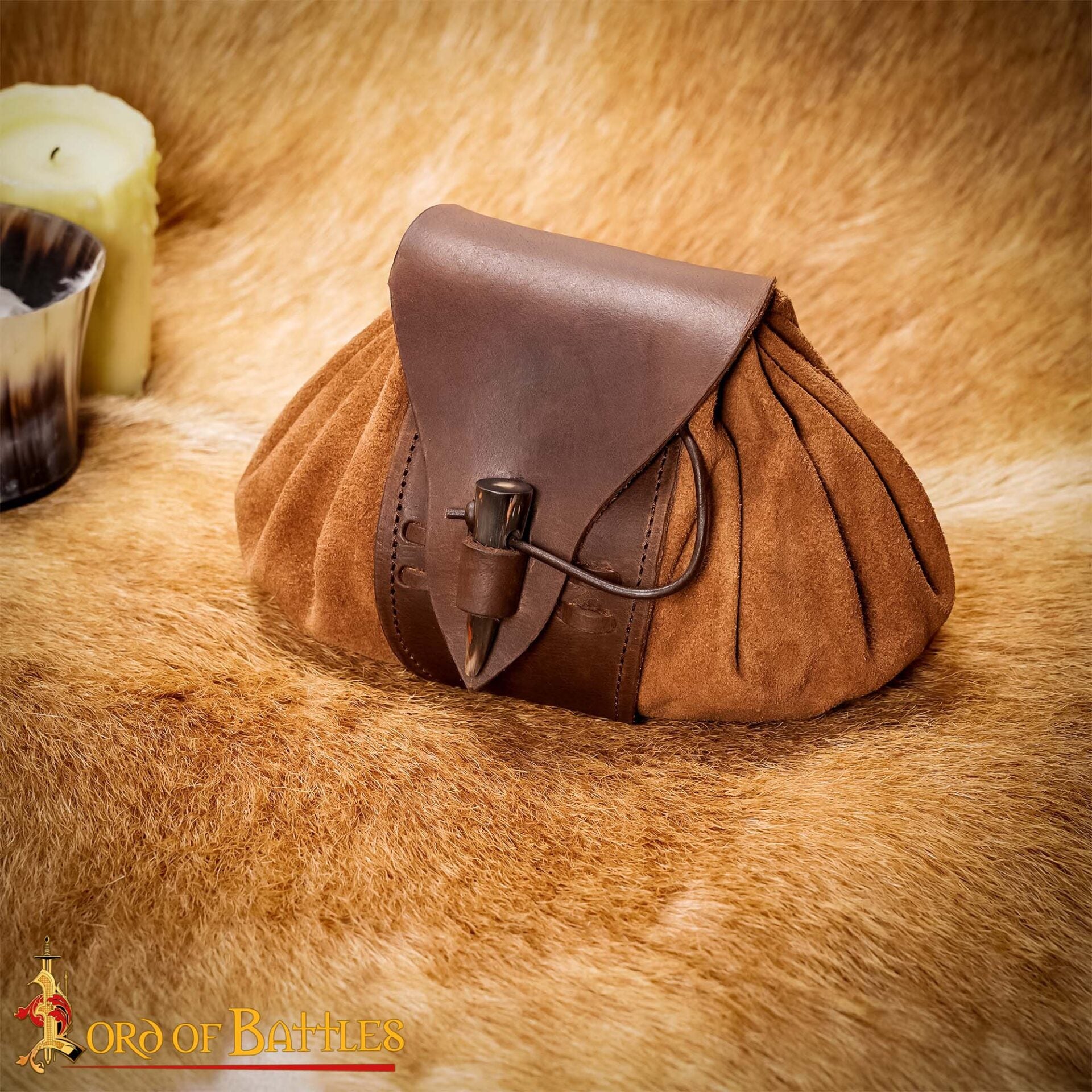 Bolsa de cinturón medieval de ante y cuero con broche de cuerno - imagen 16