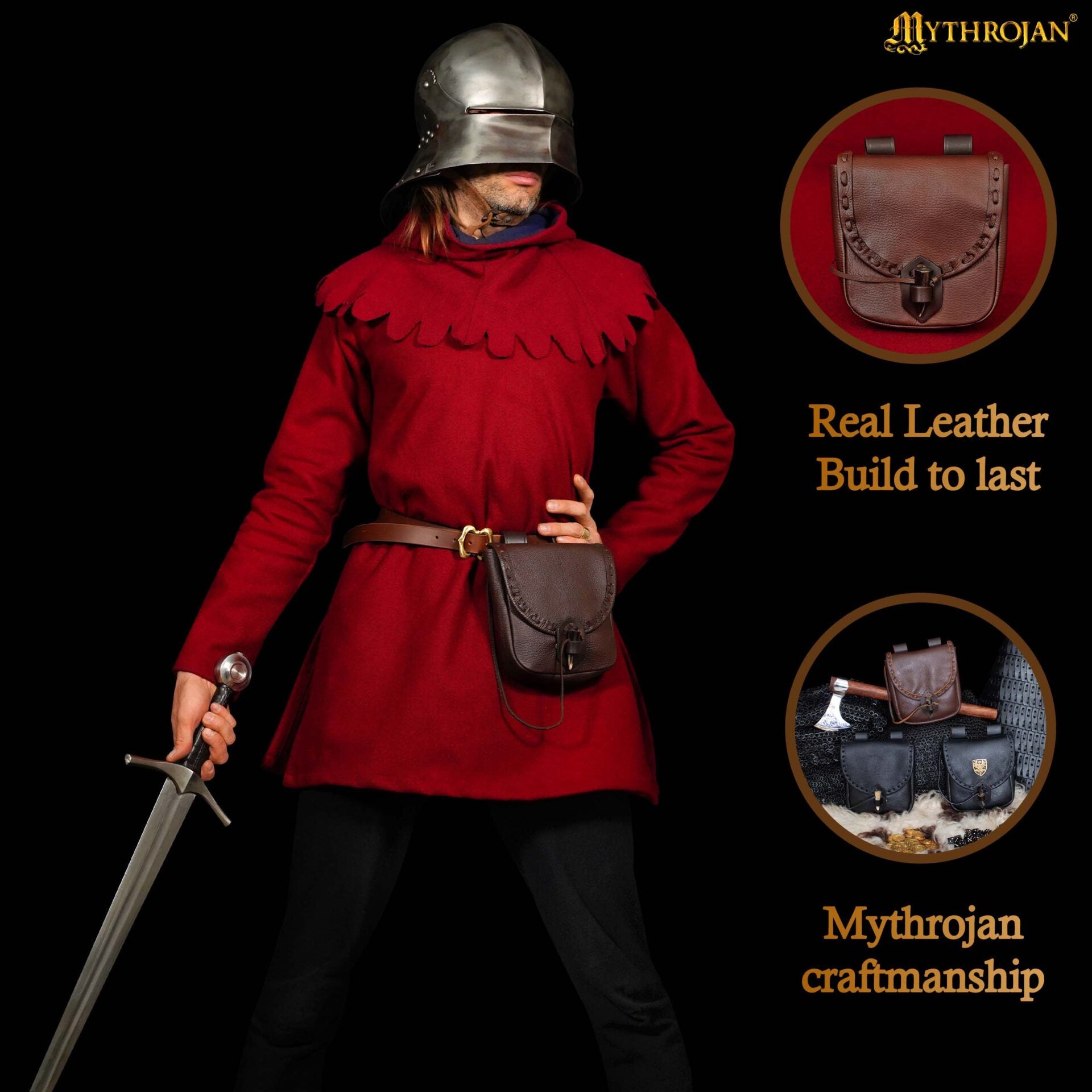 Bolsa de cinturón medieval de cuero con cierre de cuerno - imagen 54