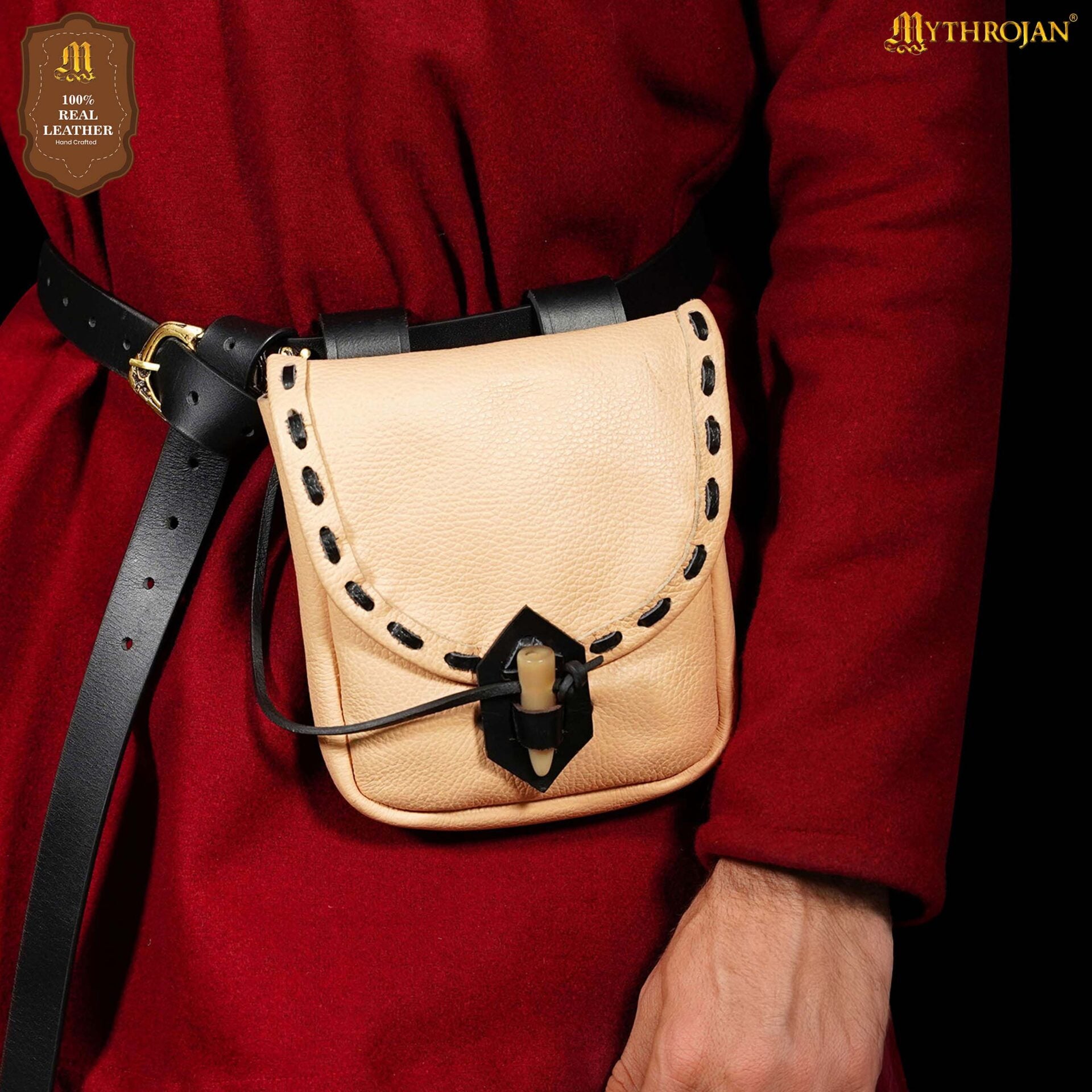 Bolsa de cinturón medieval de cuero con cierre de cuerno - imagen 4