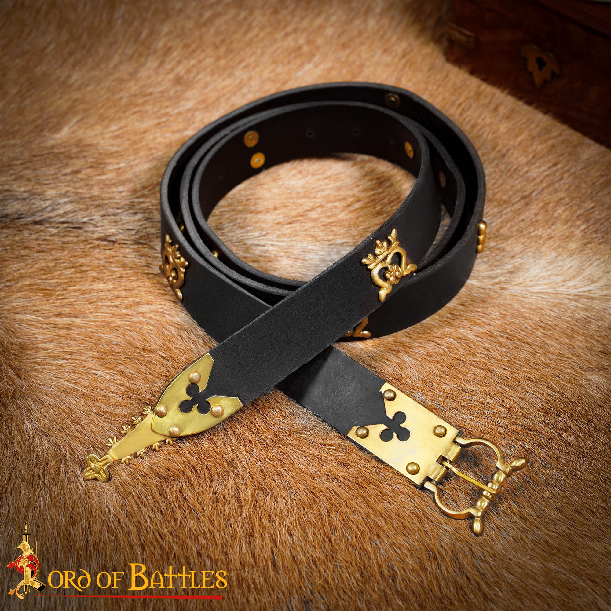 Cinturón medieval (siglos XIV–XV) de cuero con herrajes de latón - Negro - 130 cm