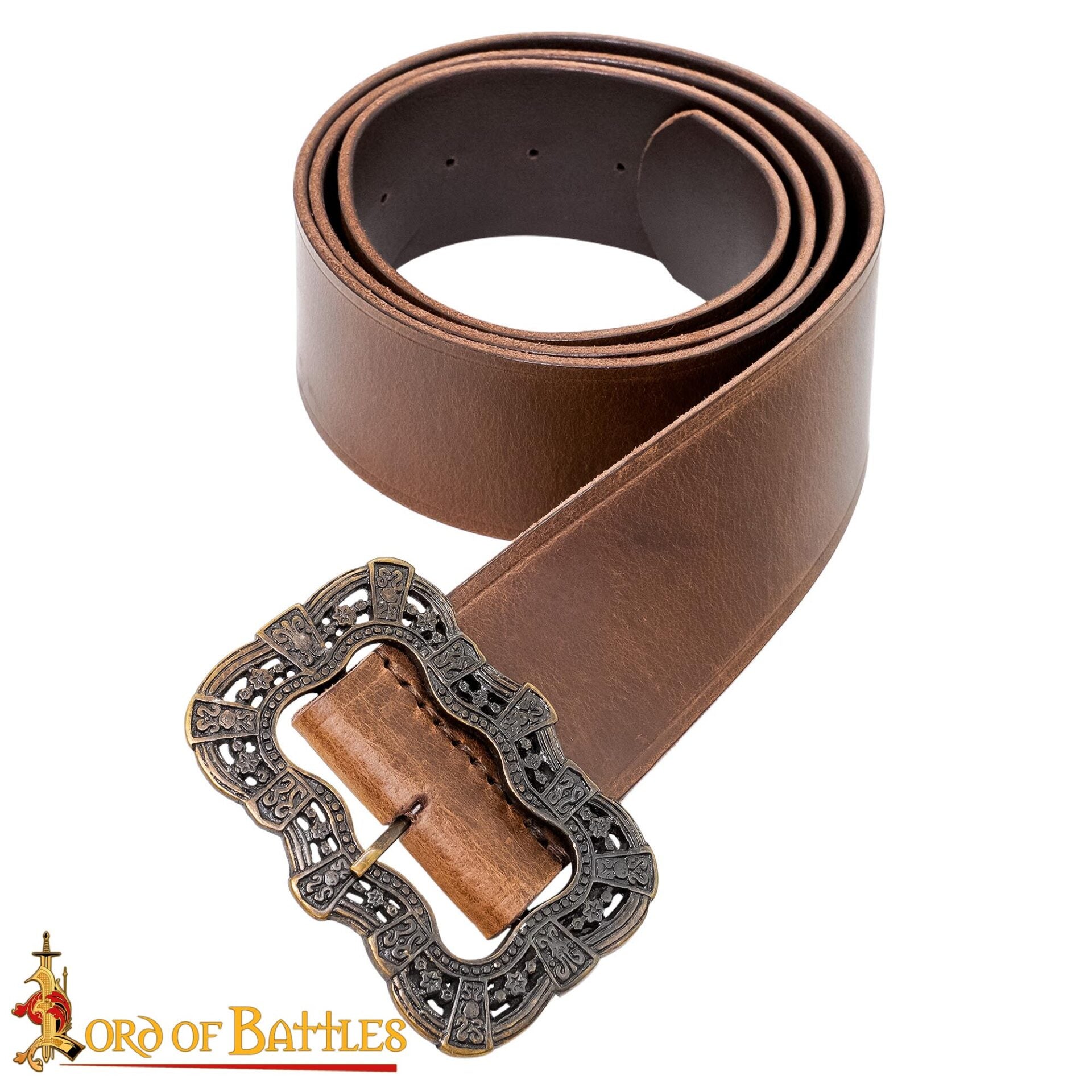 Cinturón medieval de cuero hecho a mano con hebilla ornamentada de latón - imagen 4