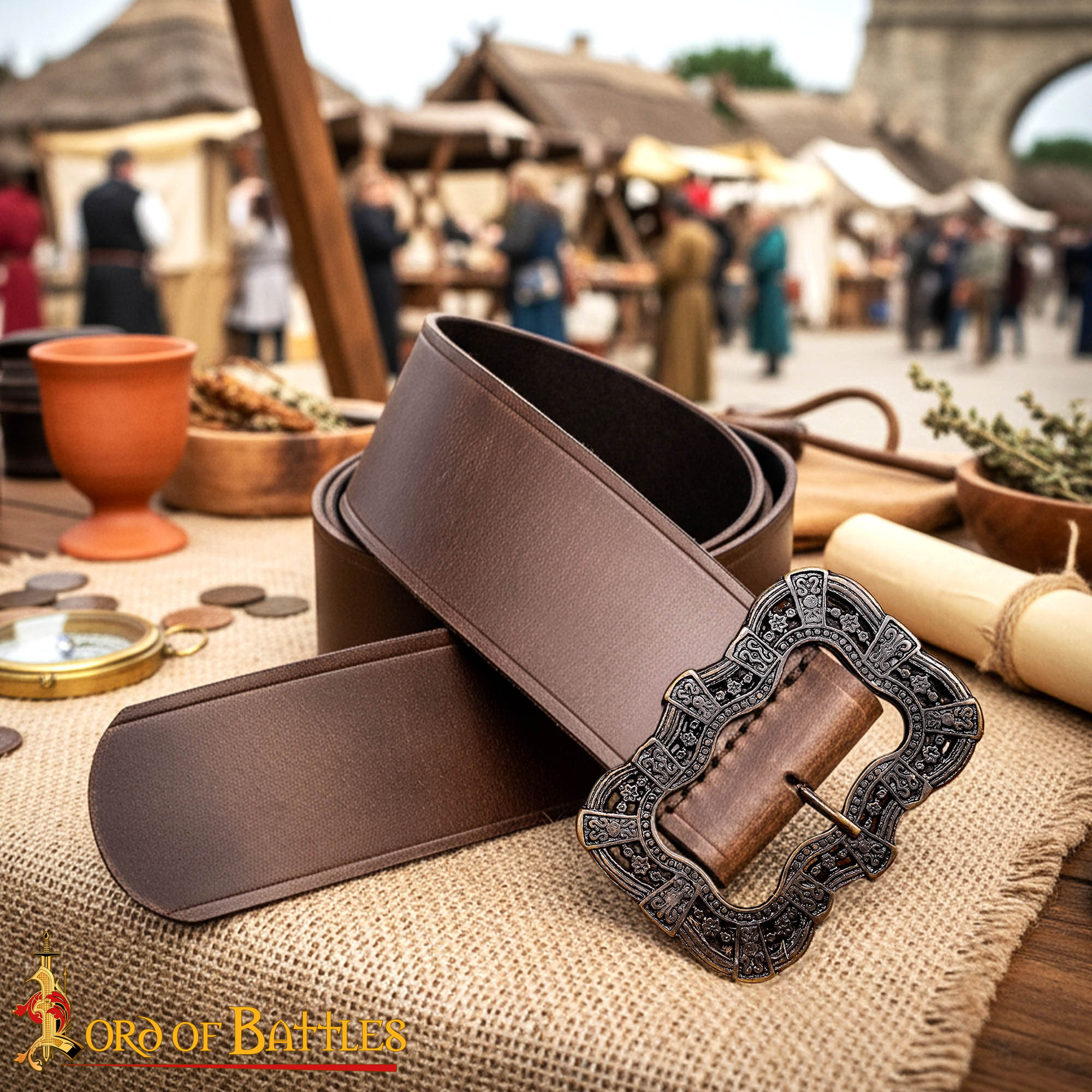 Cinturón medieval de cuero hecho a mano con hebilla ornamentada de latón