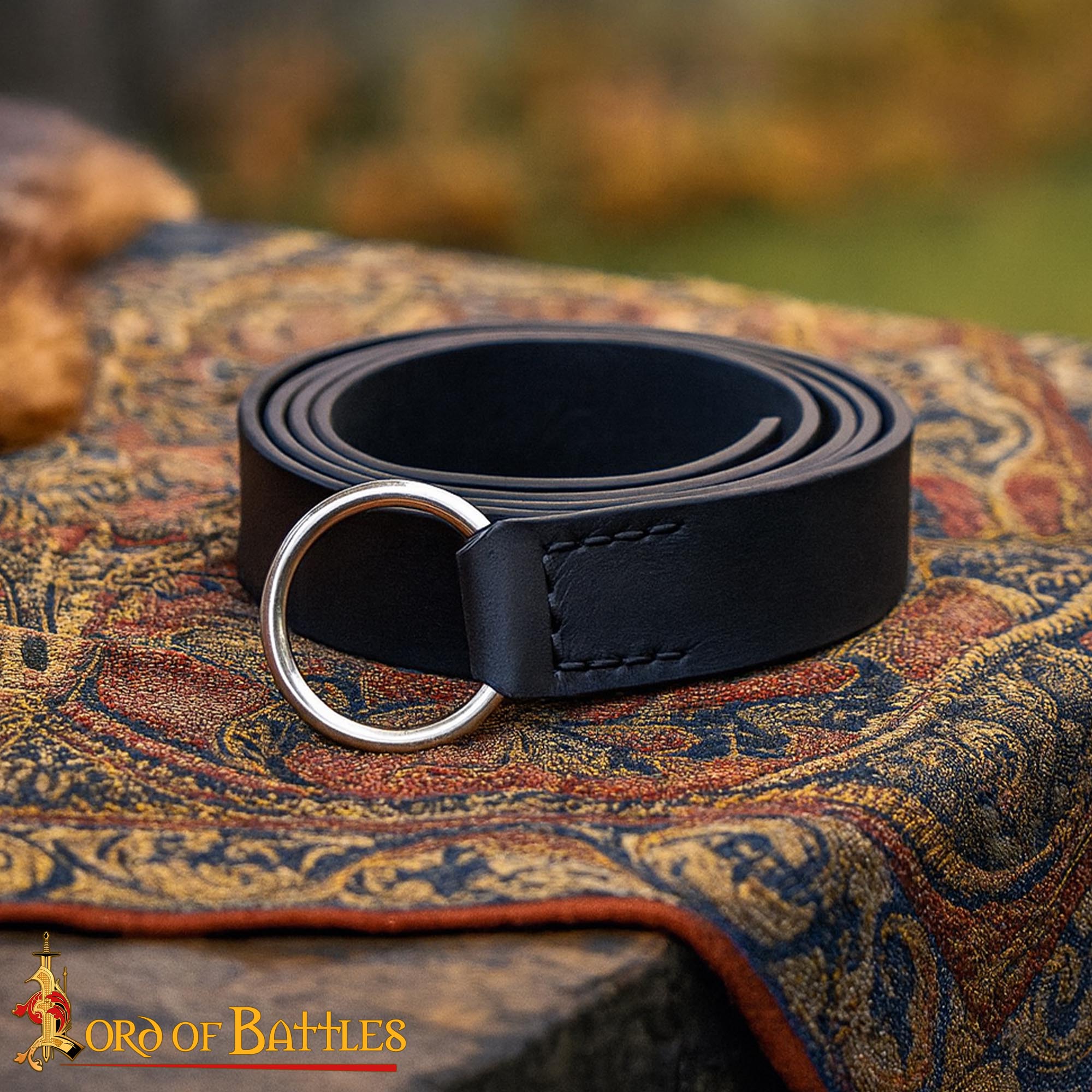 Cinturón medieval de cuero genuino con anilla de acero - Negro - 130 cm