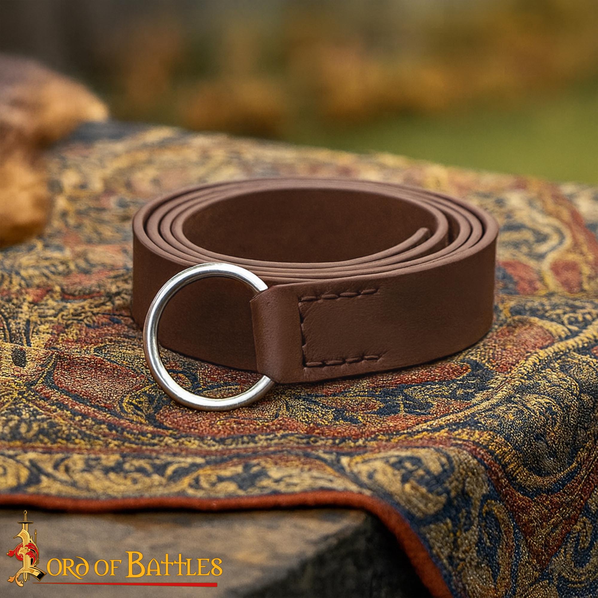 Cinturón medieval de cuero genuino con anilla de acero