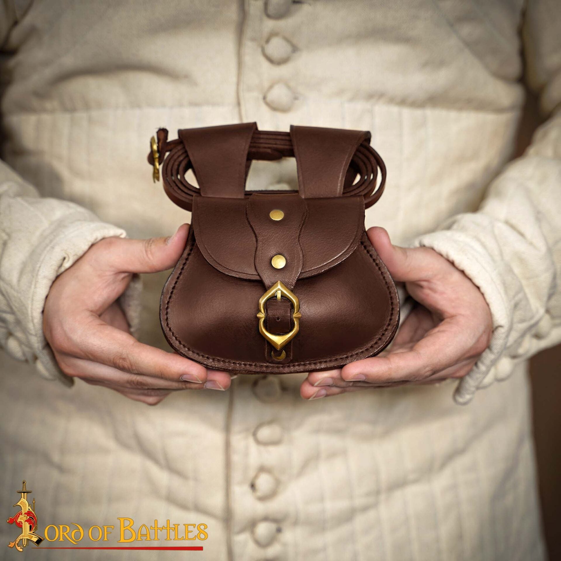 Bolsa de cinturón medieval en cuero con hebilla de latón y cinturón a juego - imagen 5