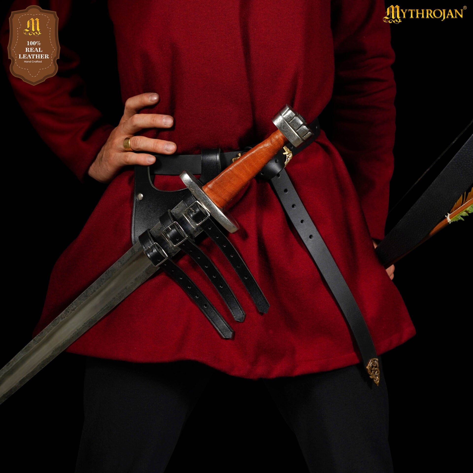 Bandolera renacentista de cuero para espada con triple hebilla — Negro/Marrón - imagen 14