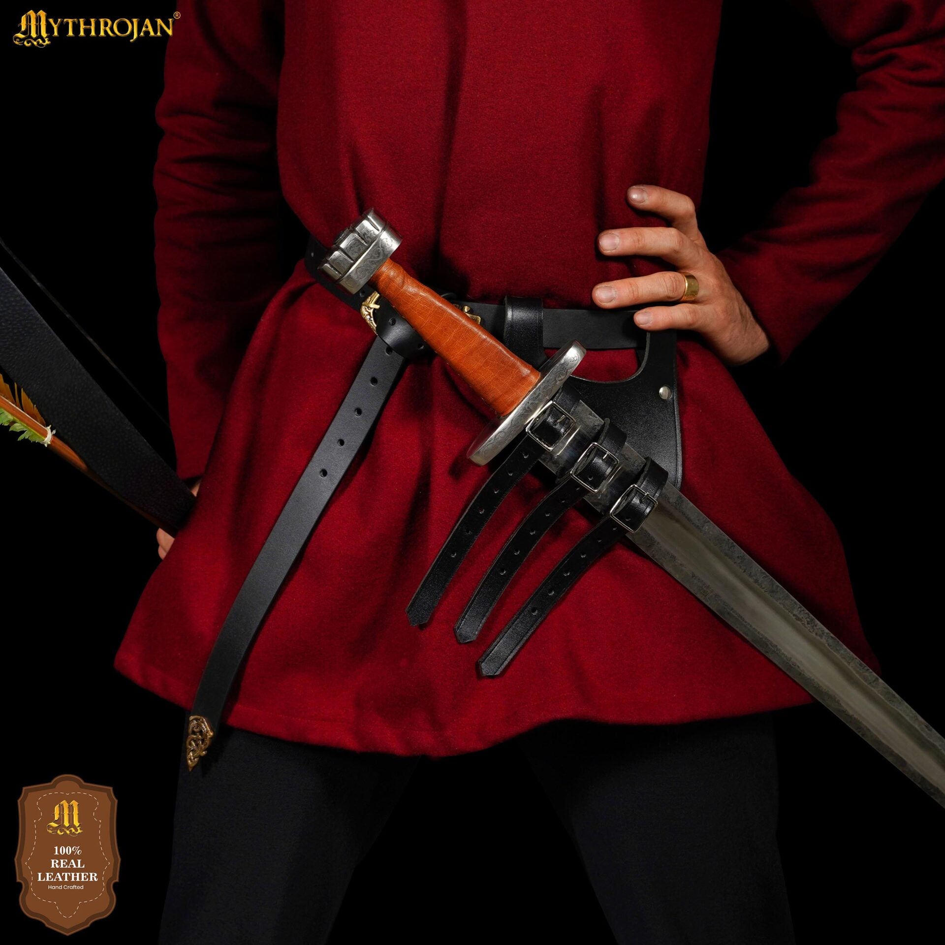 Bandolera renacentista de cuero para espada con triple hebilla — Negro/Marrón