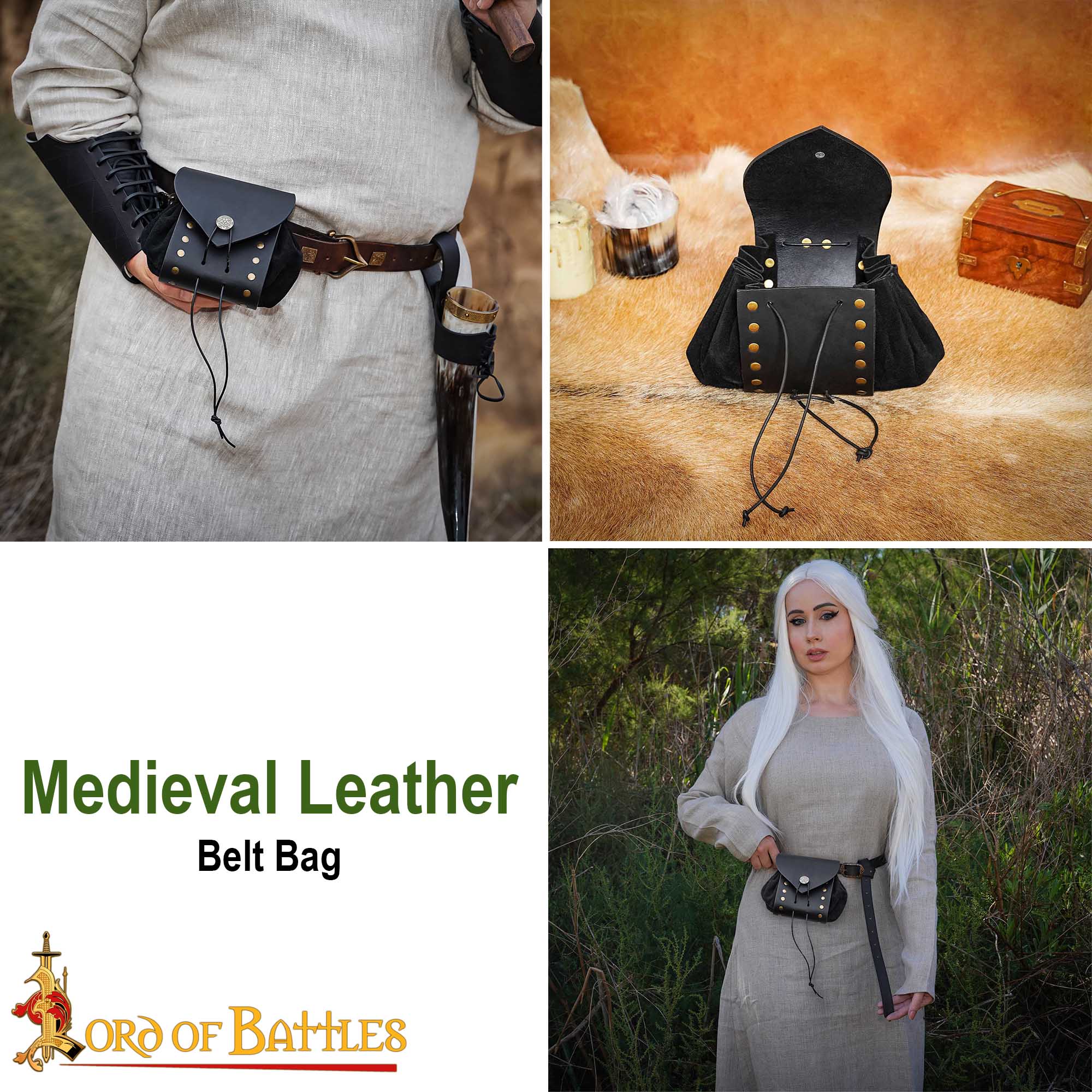 Bolsa de cinturón medieval de ante con remaches de latón - imagen 7