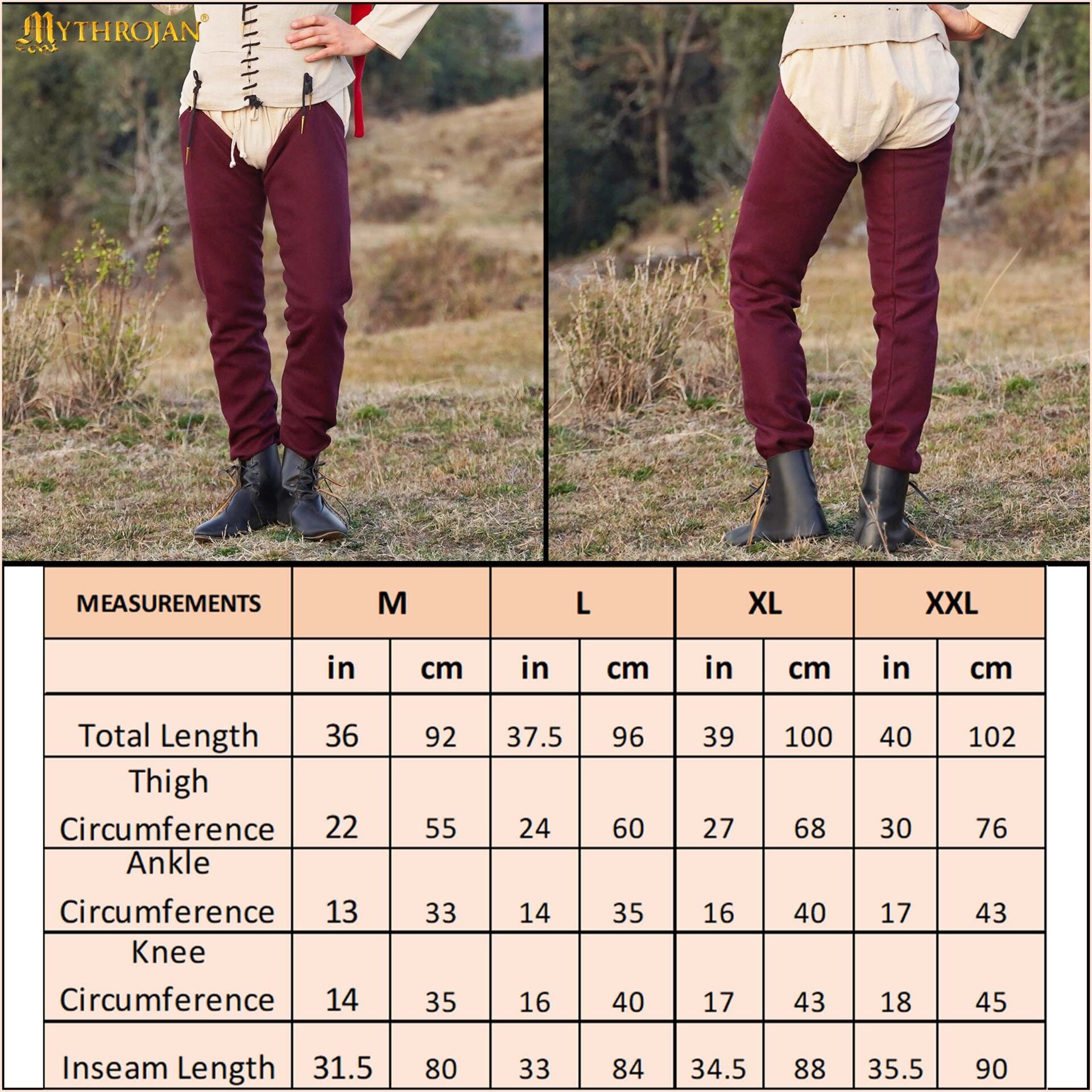 Calzas medievales de lana reciclada para hombre - rojo vino - imagen 3