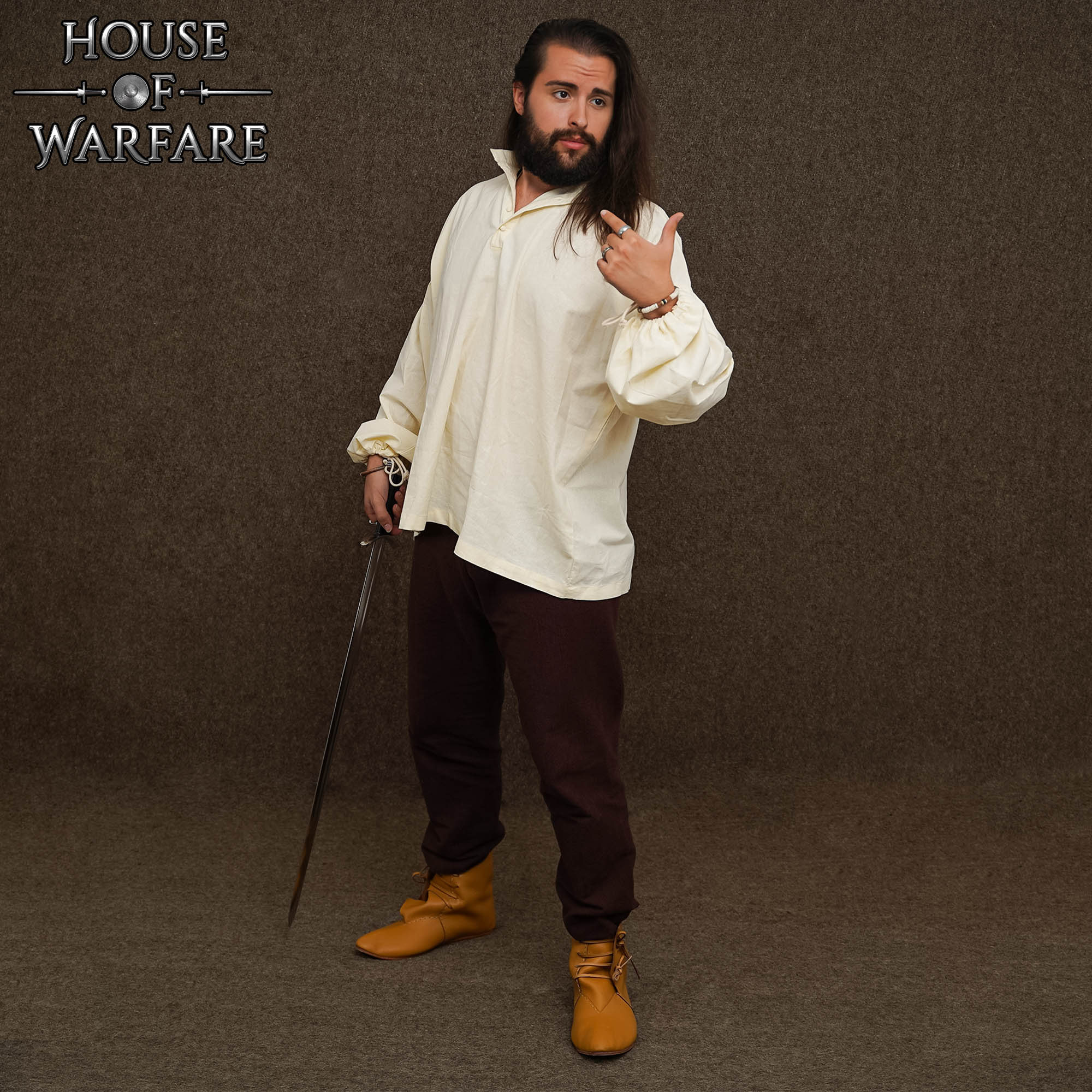 Camisa pirata medieval de algodón 100% con mangas ajustables y botones forrados - L