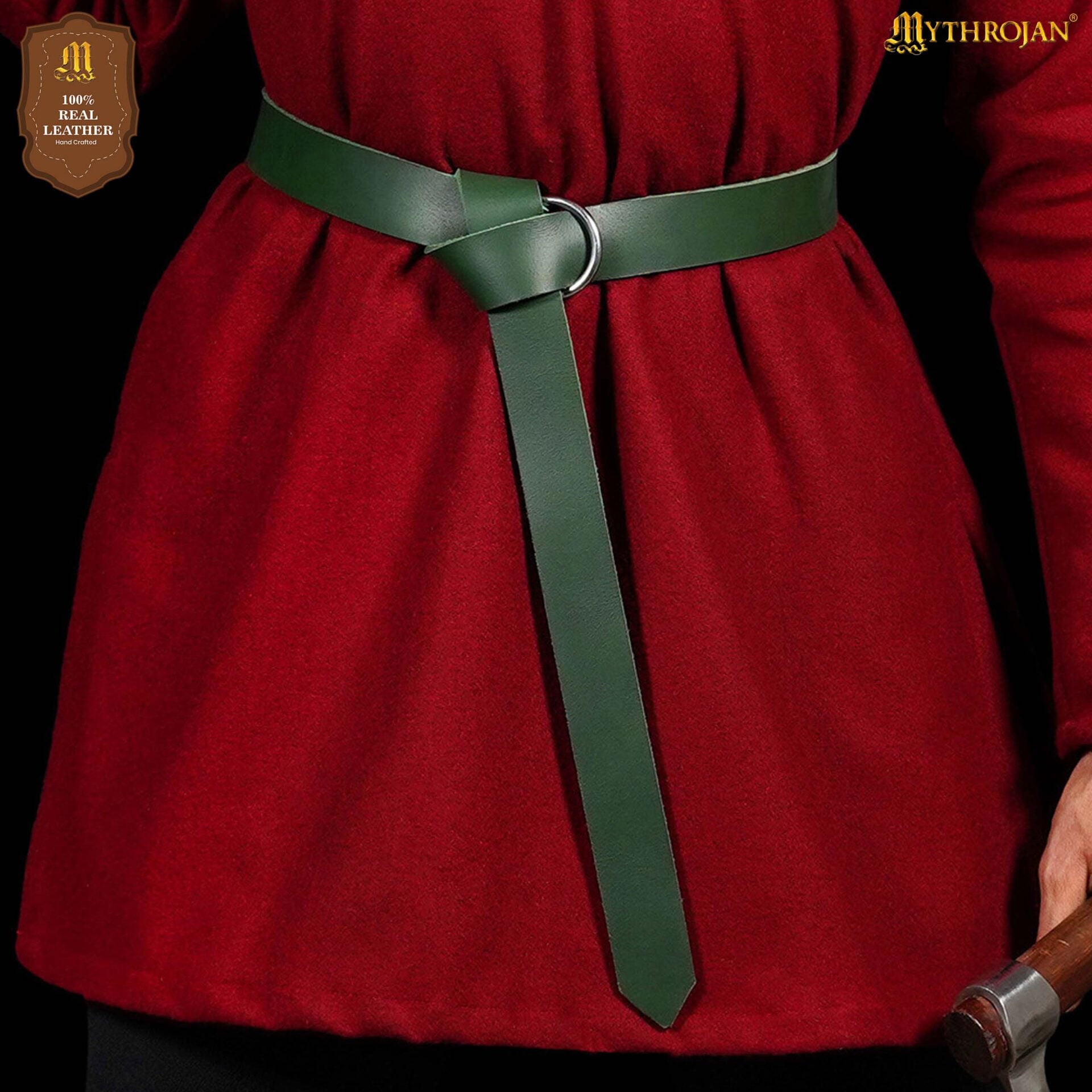 Cinturón medieval de cuero con anilla (hecho a mano) - Verde - 40"