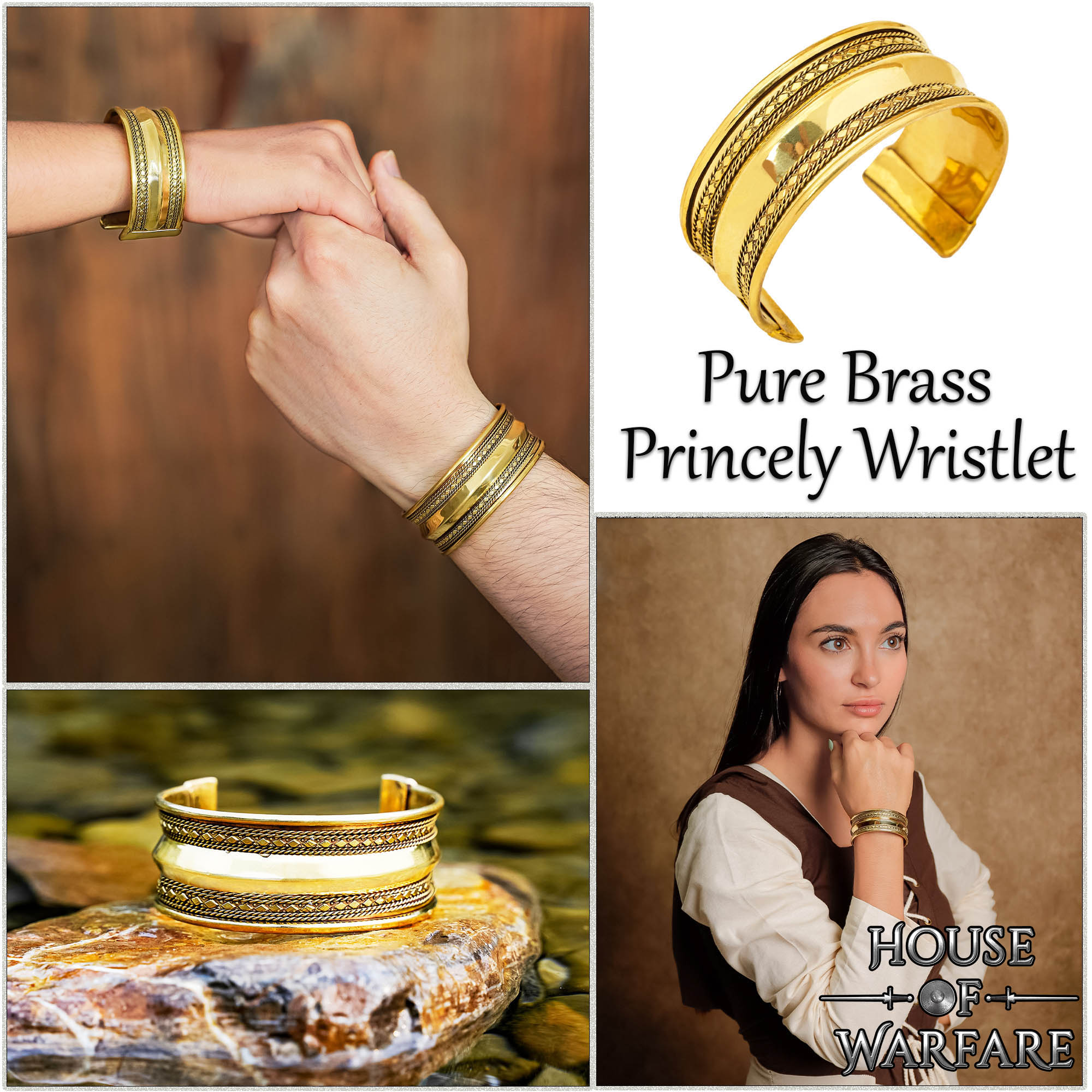 Pulsera Medieval de Latón - Brazalete Ancho Hecho a Mano con Bordes Decorativos Ornamentados - Imagen 16