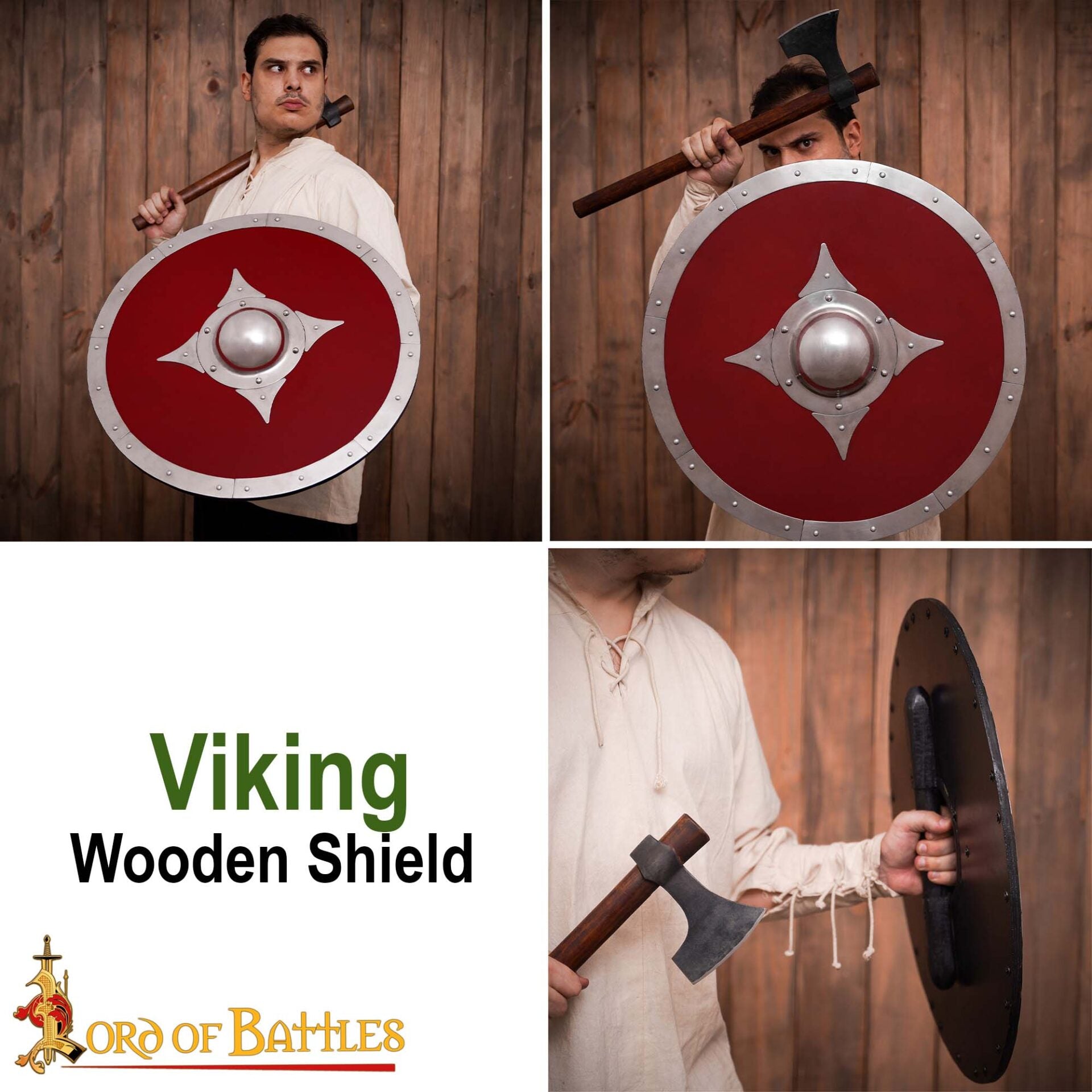 Imagen única de: Escudo vikingo rojo de madera con herrajes de acero y umbo - imagen 6