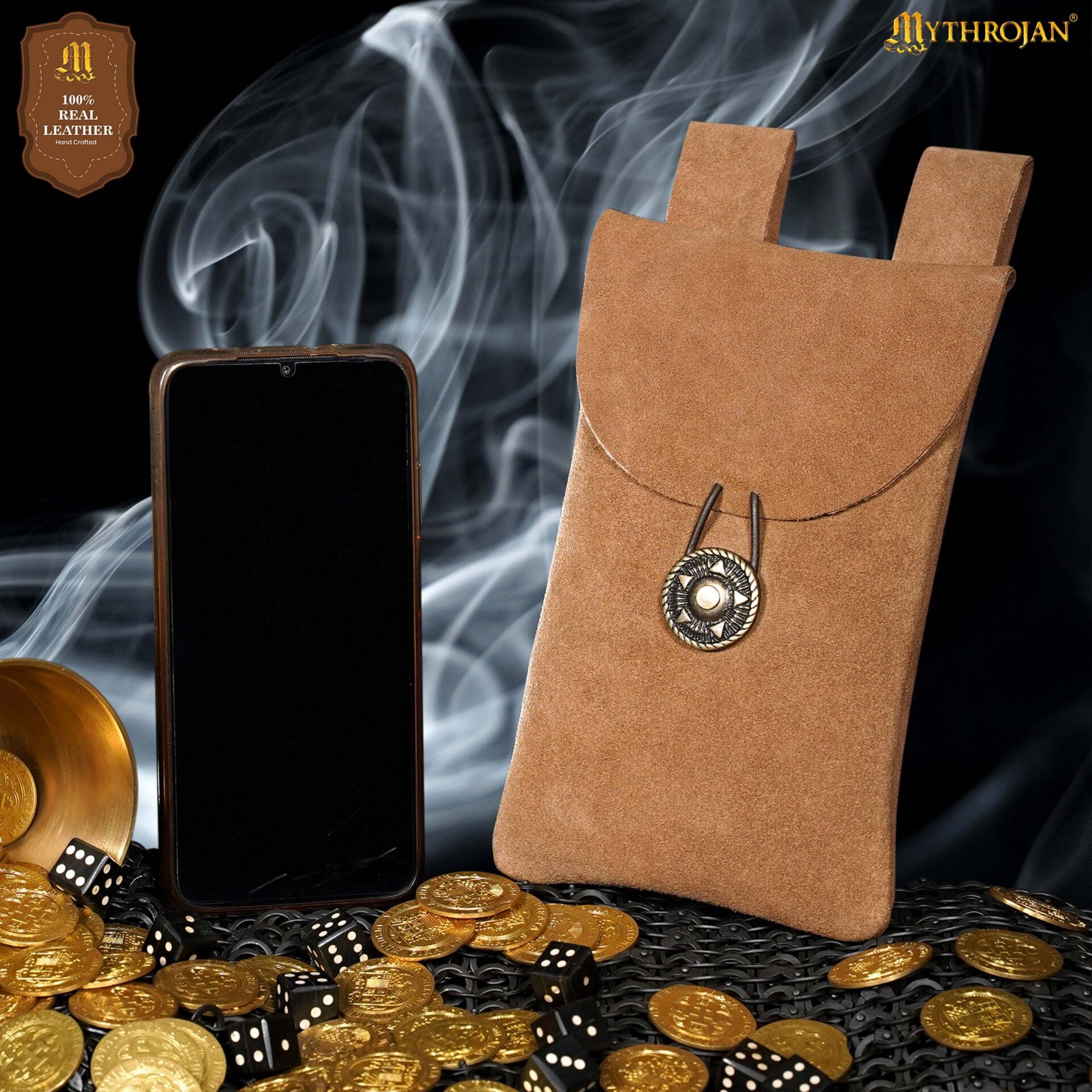 Bolsa de cinturón de gamuza Mythrojan con botón de latón - Marrón