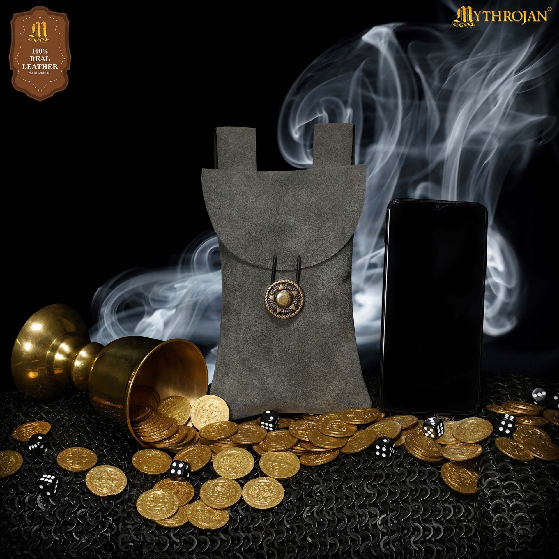 Bolsa de cinturón de gamuza Mythrojan con botón de latón - Gris