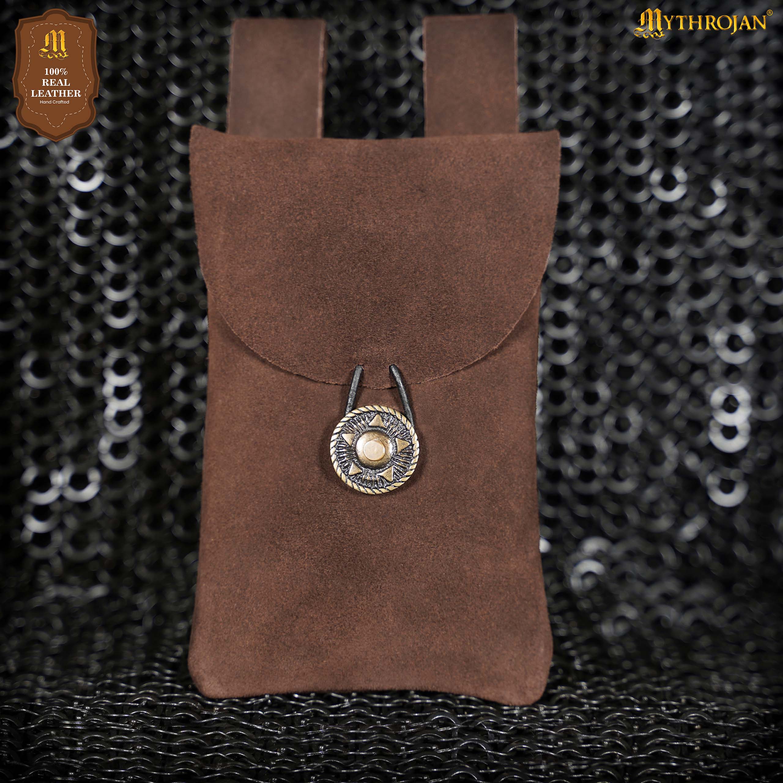 Bolsa de cinturón de gamuza Mythrojan con botón de latón - Chocolate Brown