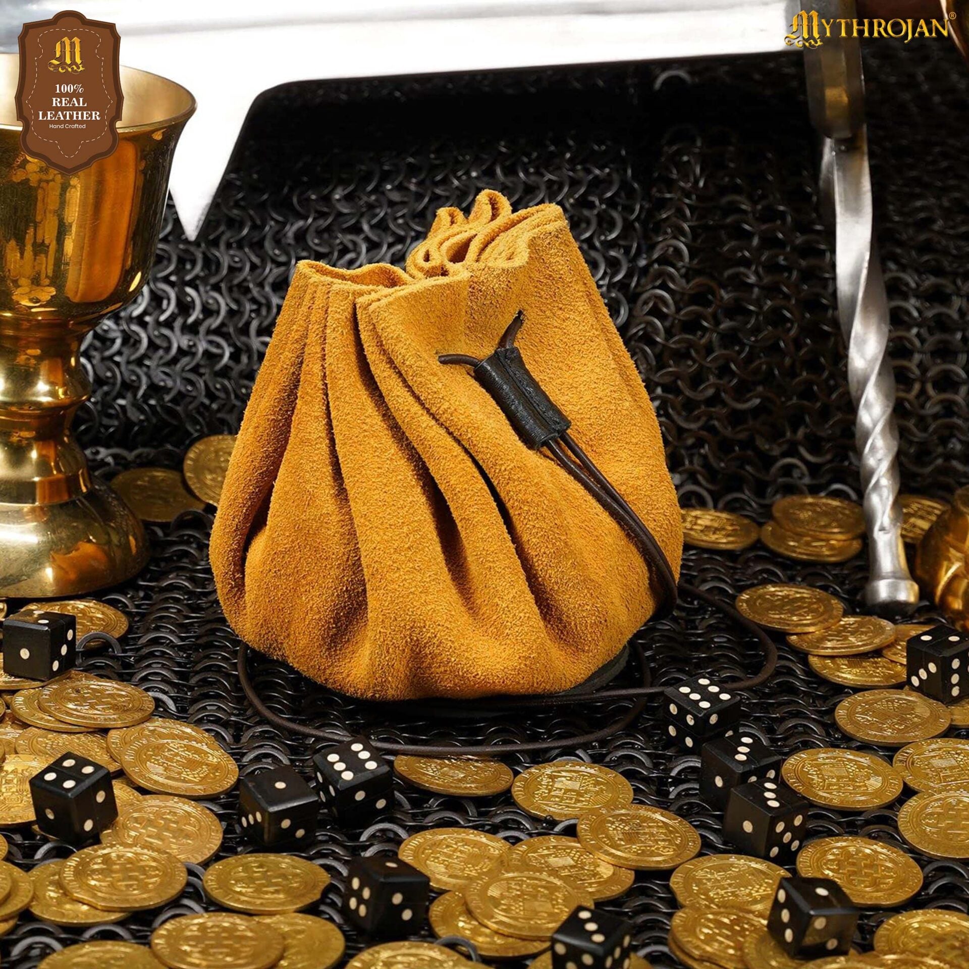 Imagen única de: Bolsa medieval de ante con cordón para monedas y dados