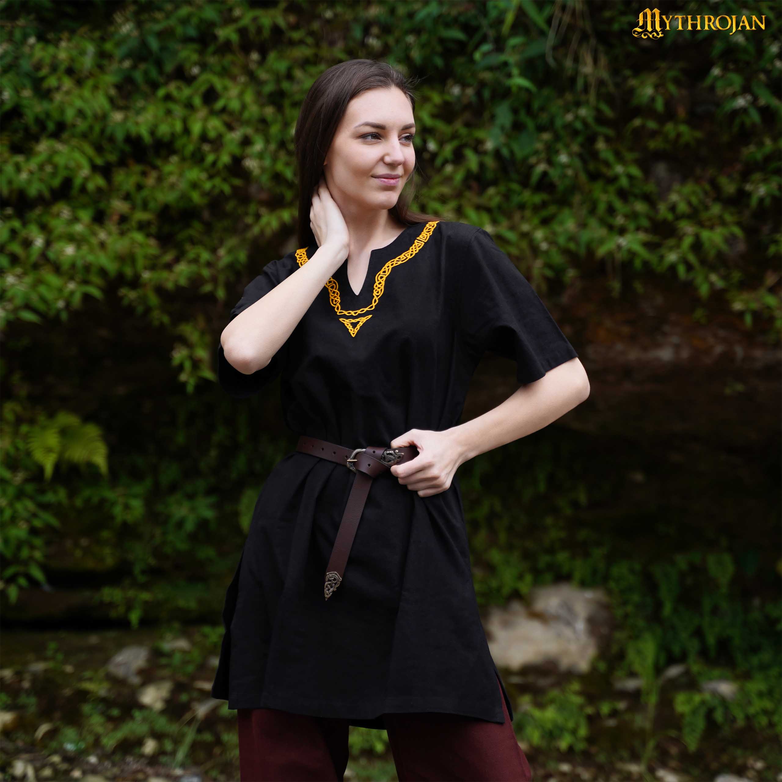 Túnica vikinga de algodón con cuello bordado - Negro - L