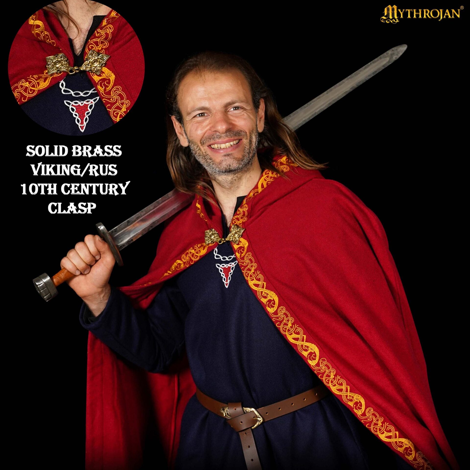 Capa medieval con capucha de lana y broche de latón macizo - imagen 5