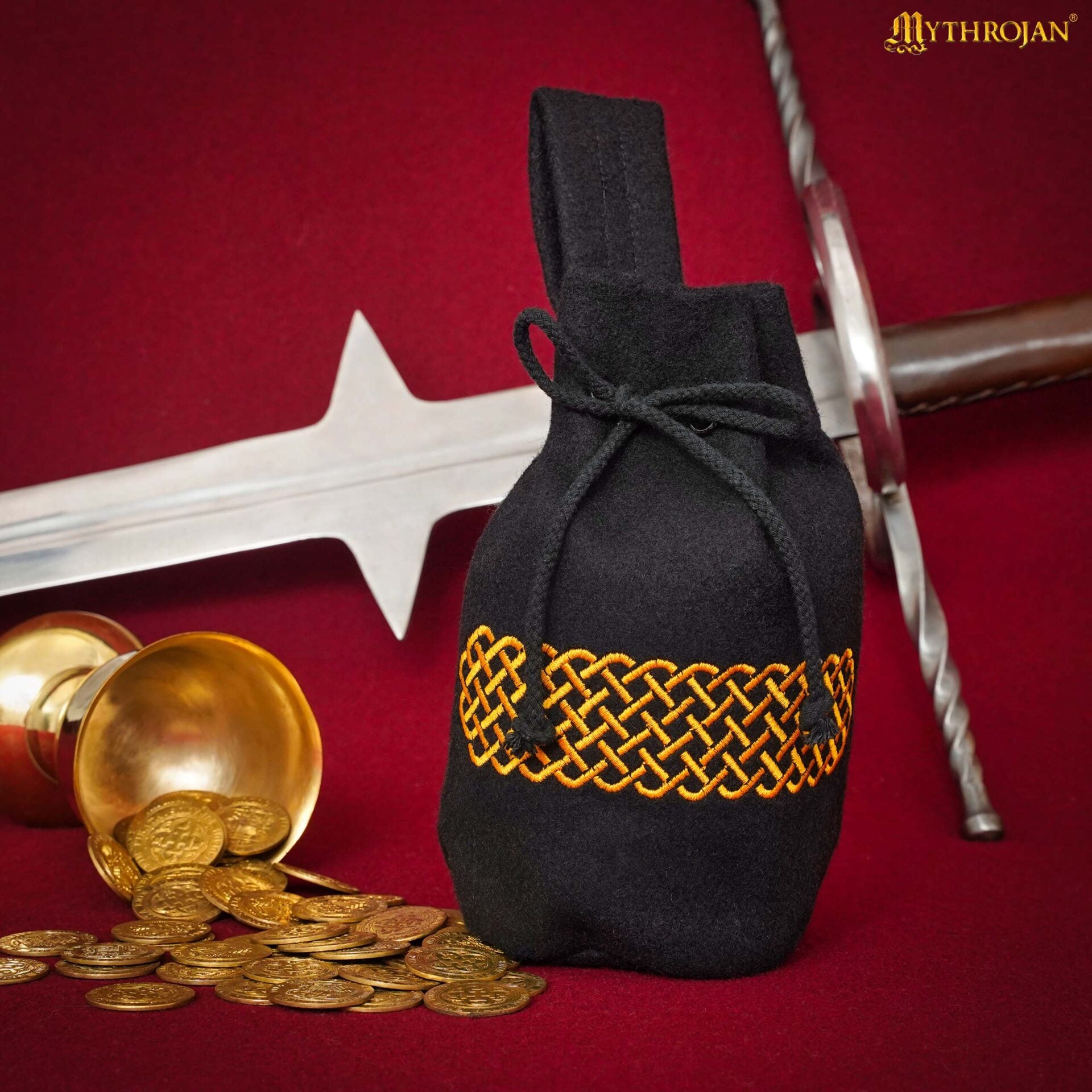 Zurrón medieval de lana bordado con cordón - Negro