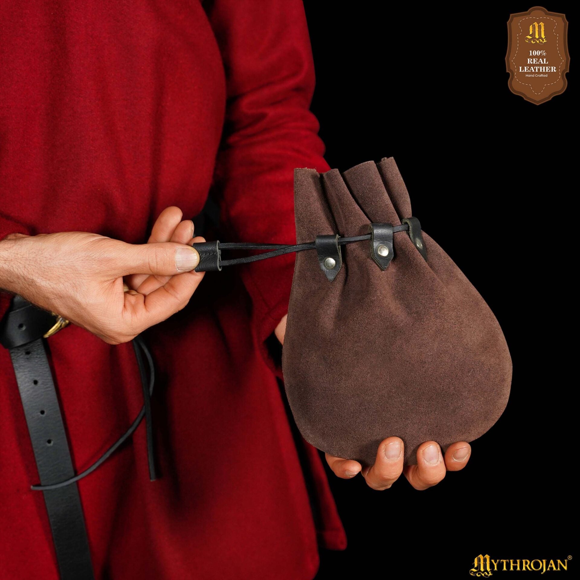 Bolsa de serraje medieval con cordón, monedero renacentista - Marrón
