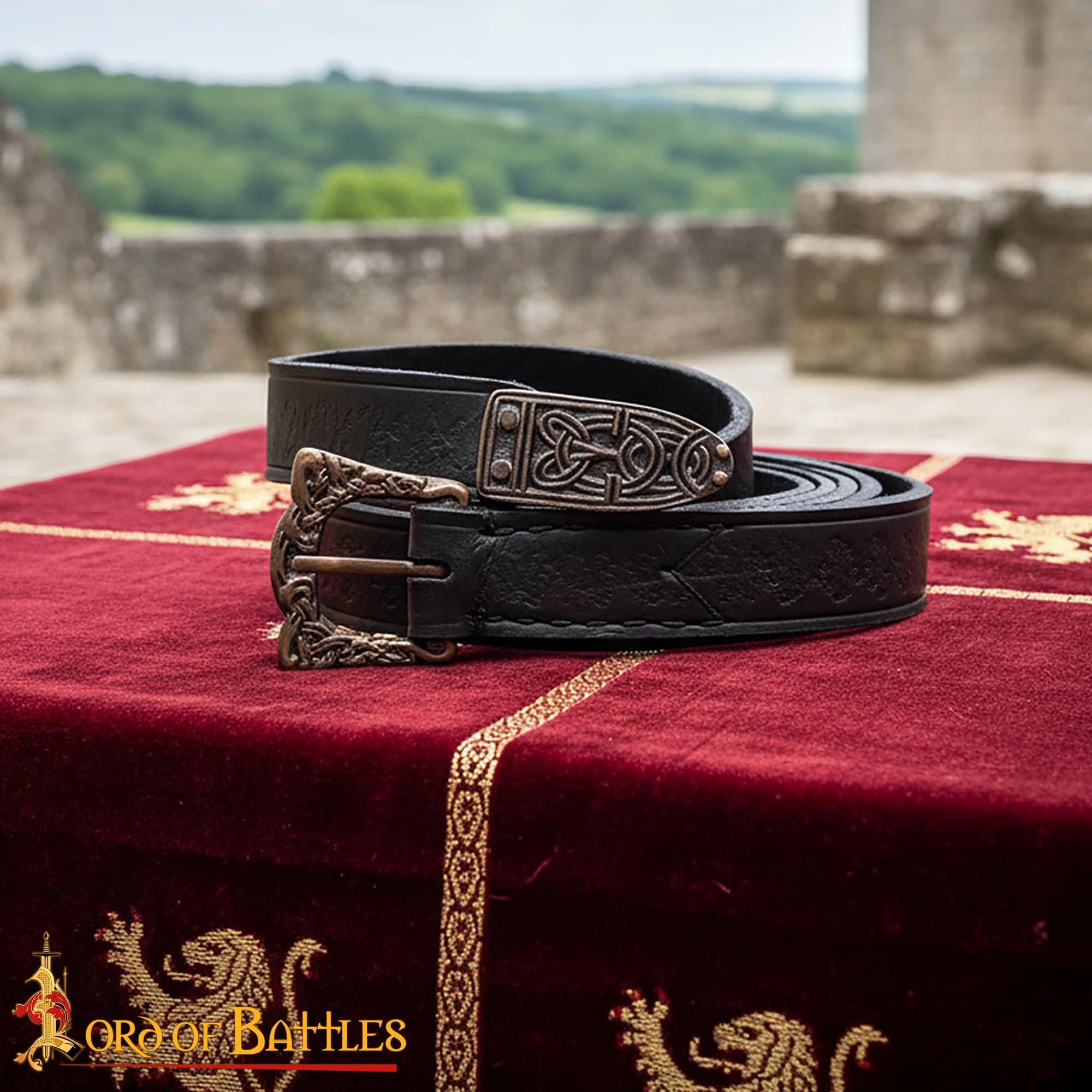 Cinturón vikingo de cuero Birka con hebilla de latón envejecido - Negro - 170 cm