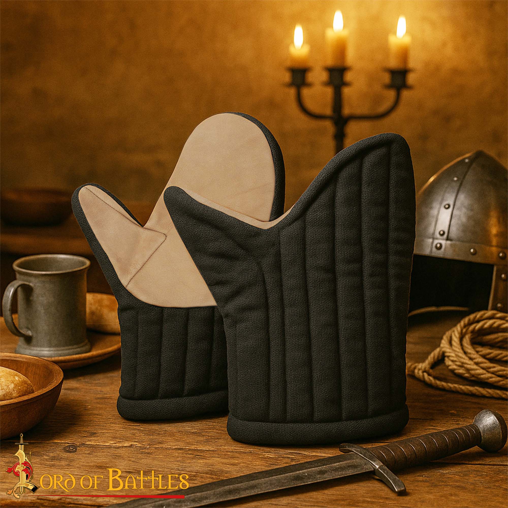 Guantes acolchados de lona de algodón con palma de cuero para recreación medieval