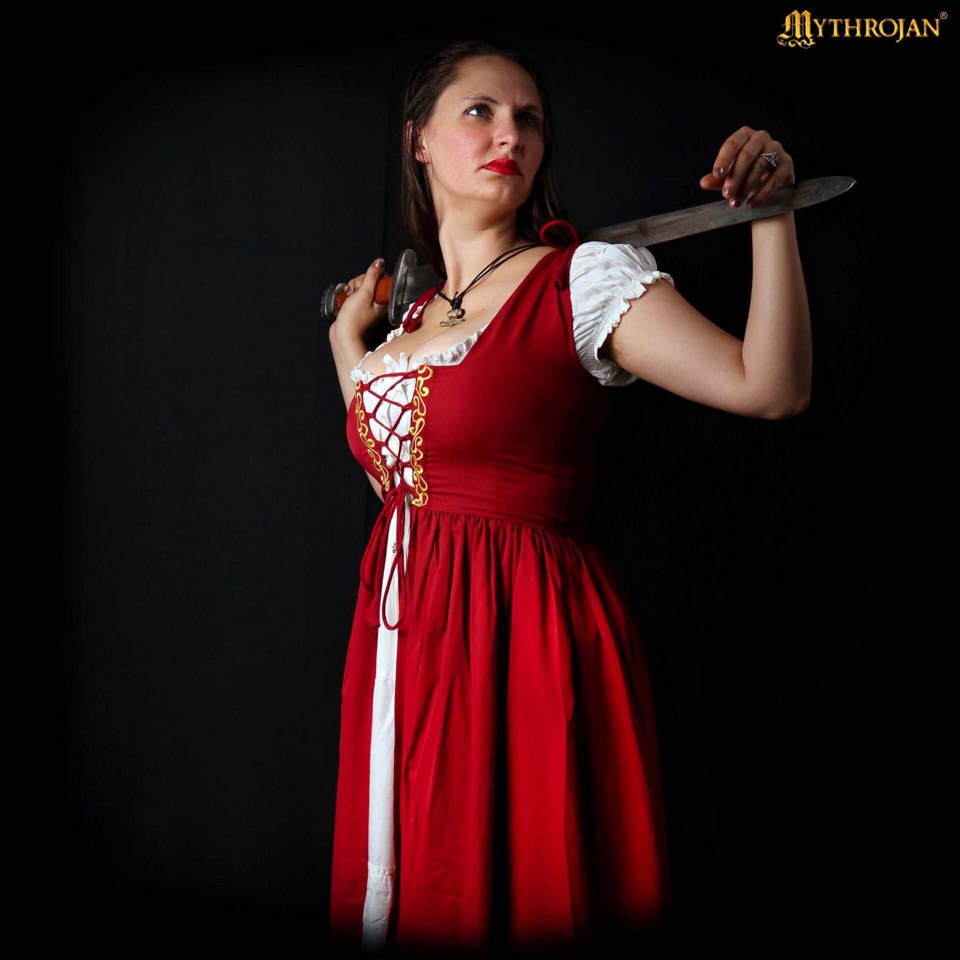 Vestido medieval irlandés bordado con chemise blanca — Renacentista para LARP y ferias - imagen 6