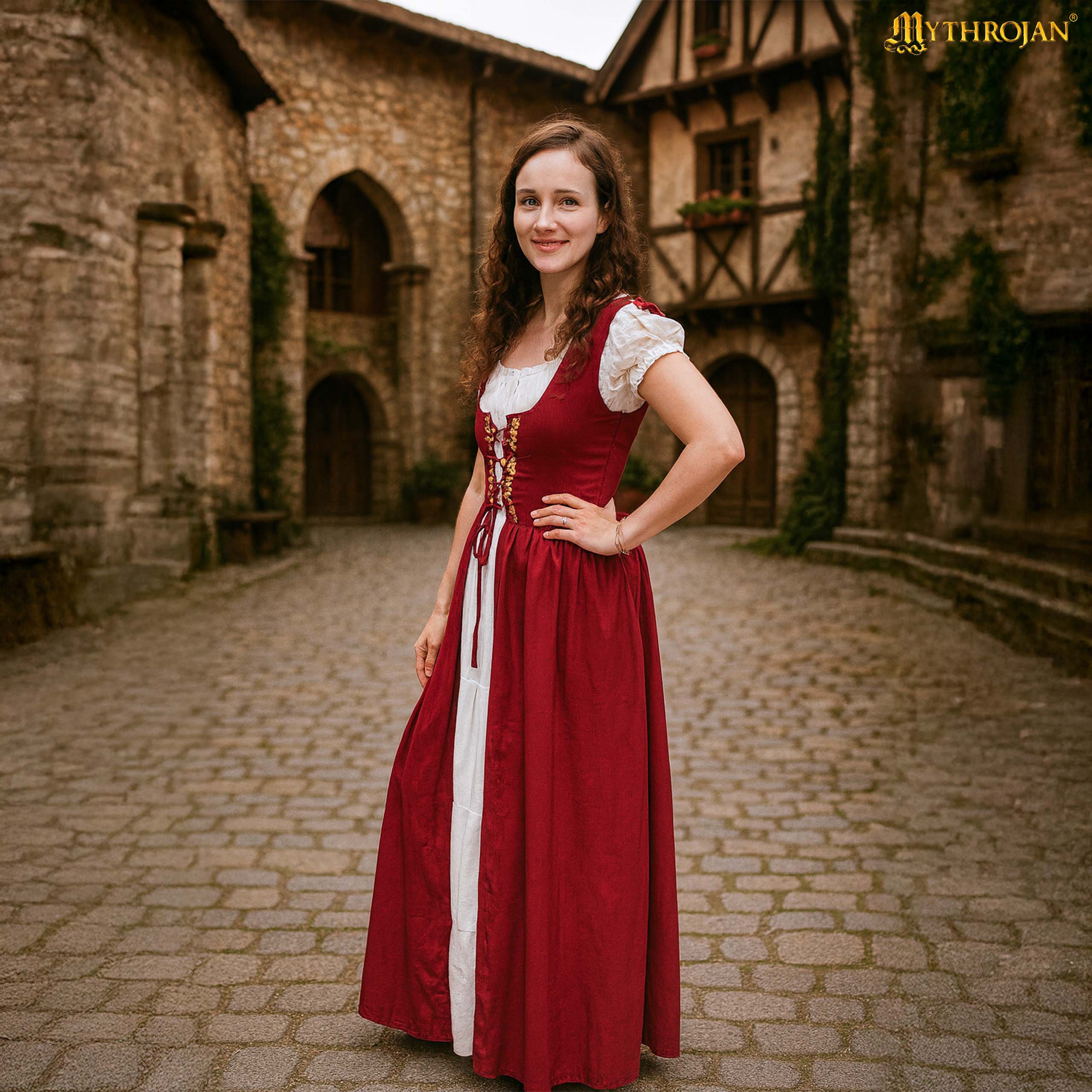 Vestido medieval irlandés bordado con chemise blanca — Renacentista para LARP y ferias - Granate - 2XL/3XL