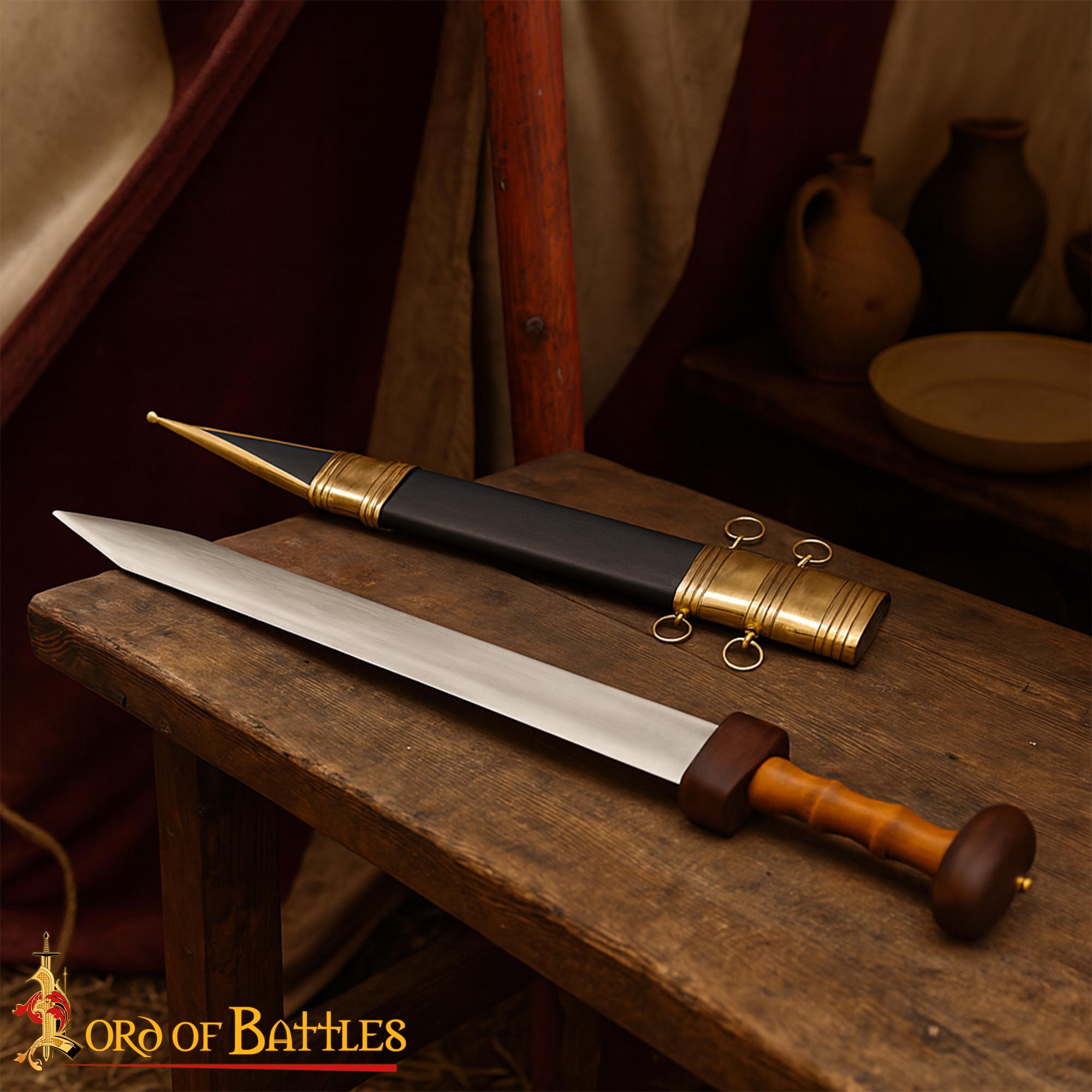 Gladius Pompeya — Espada romana de colección con vaina en cuero y remates de latón