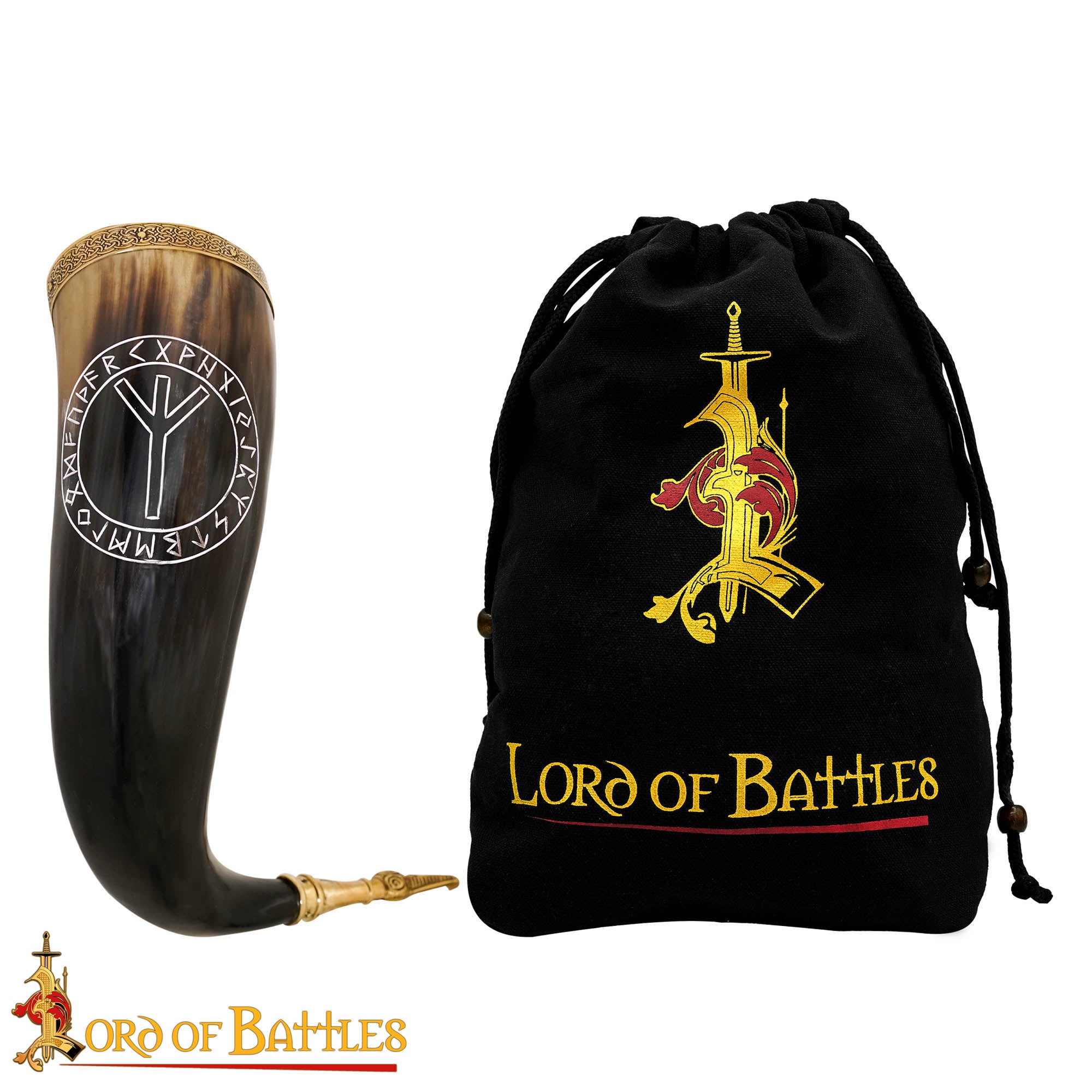 Imagen única de: Cuerno Vikingo con Runa Algiz - Borde y Punta de Latón