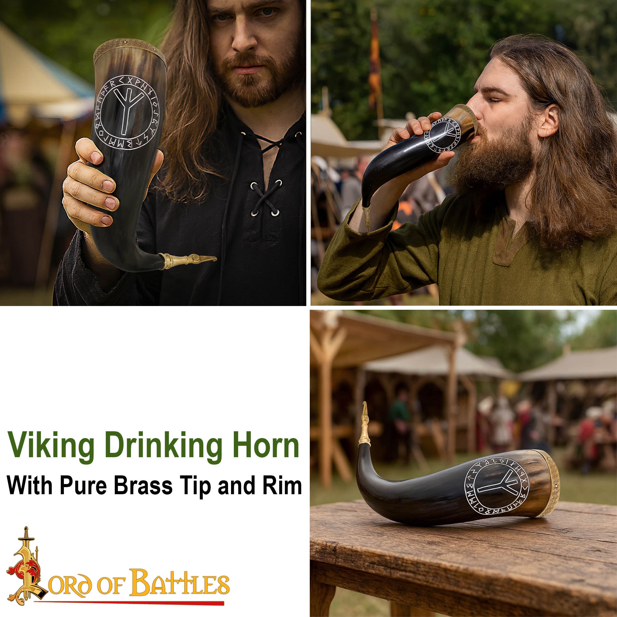 Imagen única de: Cuerno Vikingo con Runa Algiz - Borde y Punta de Latón