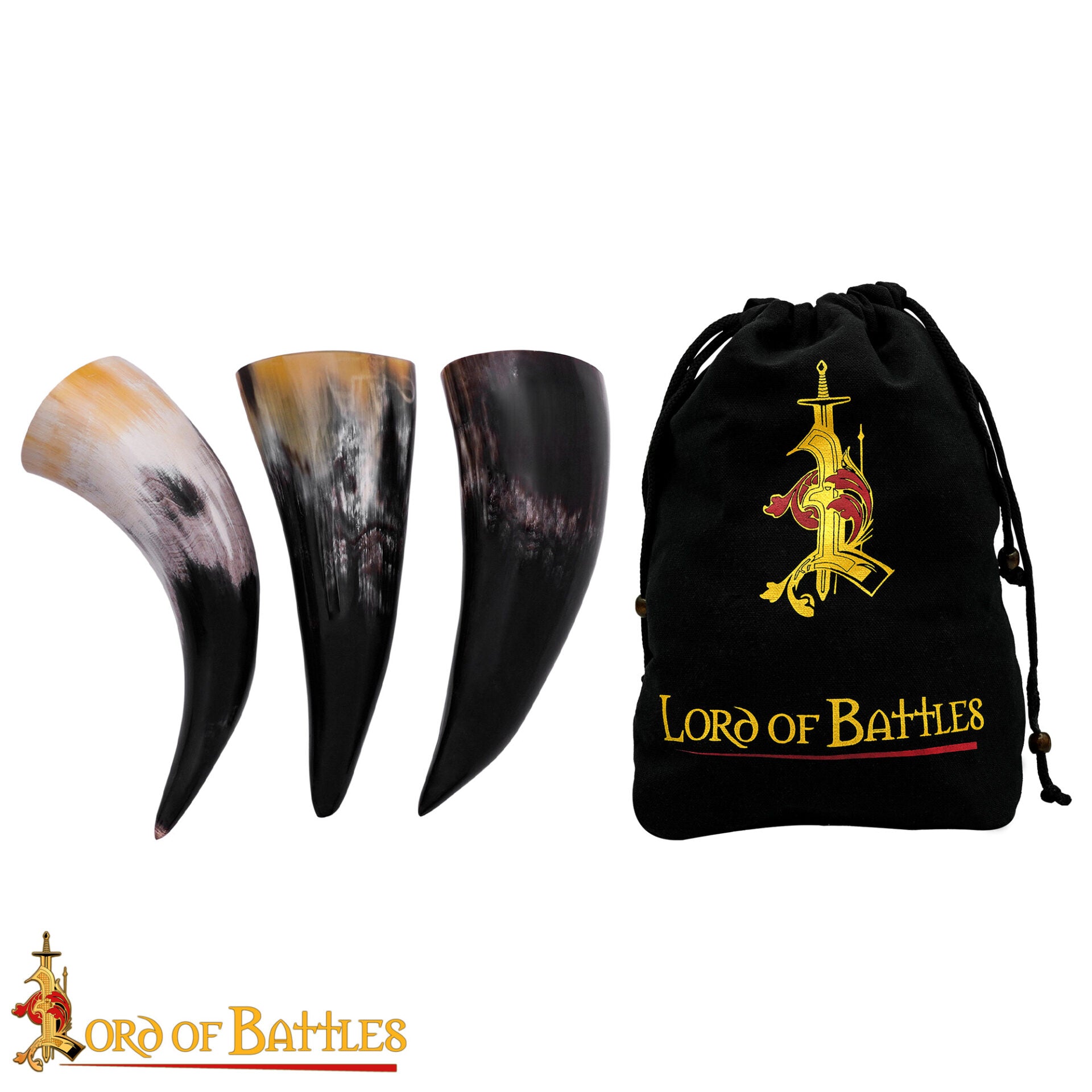 Set vikingo de 3 cuernos de beber de buey con bolsa de lona - imagen 4