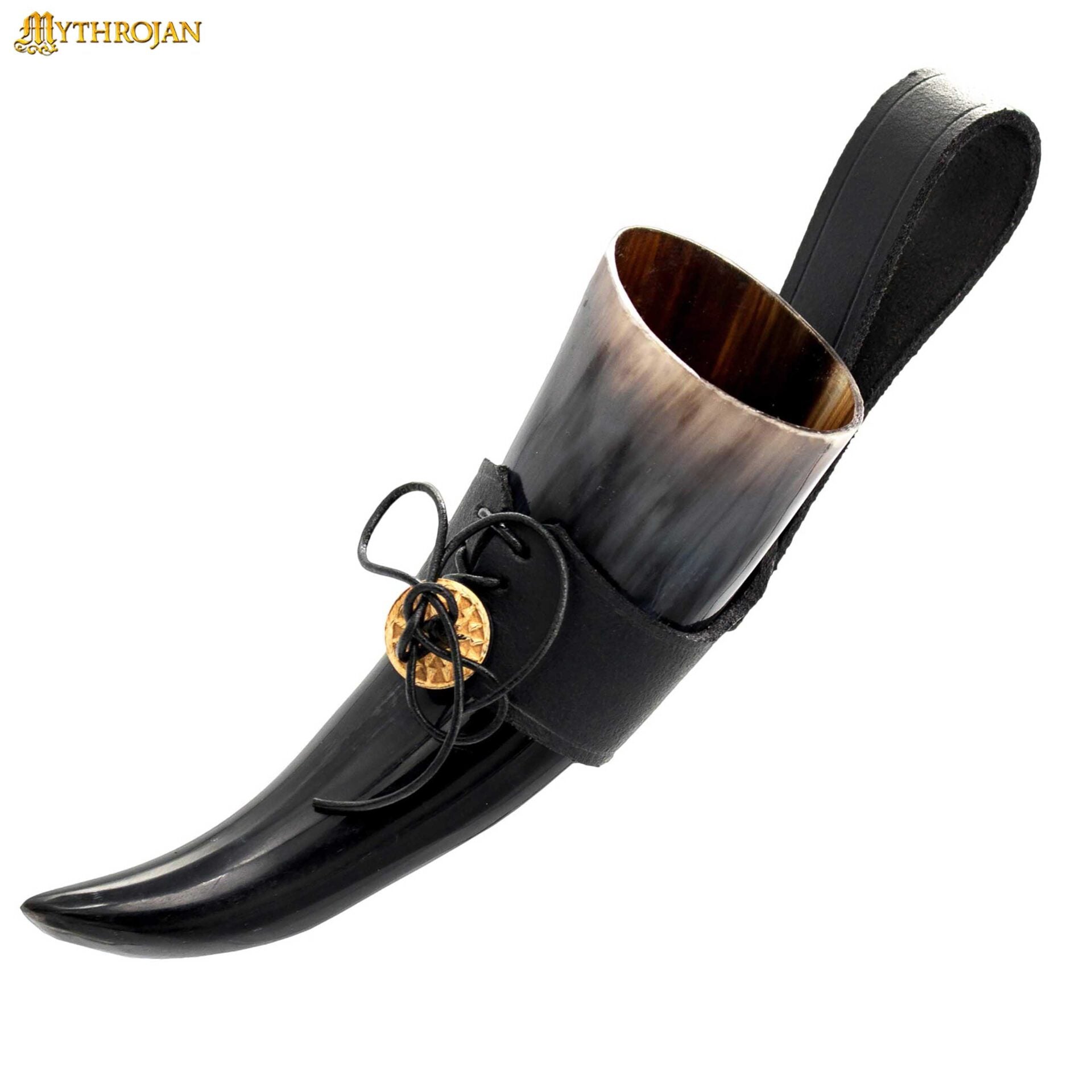 Cuerno vikingo para beber con soporte de cuero y medallón de latón - Negro