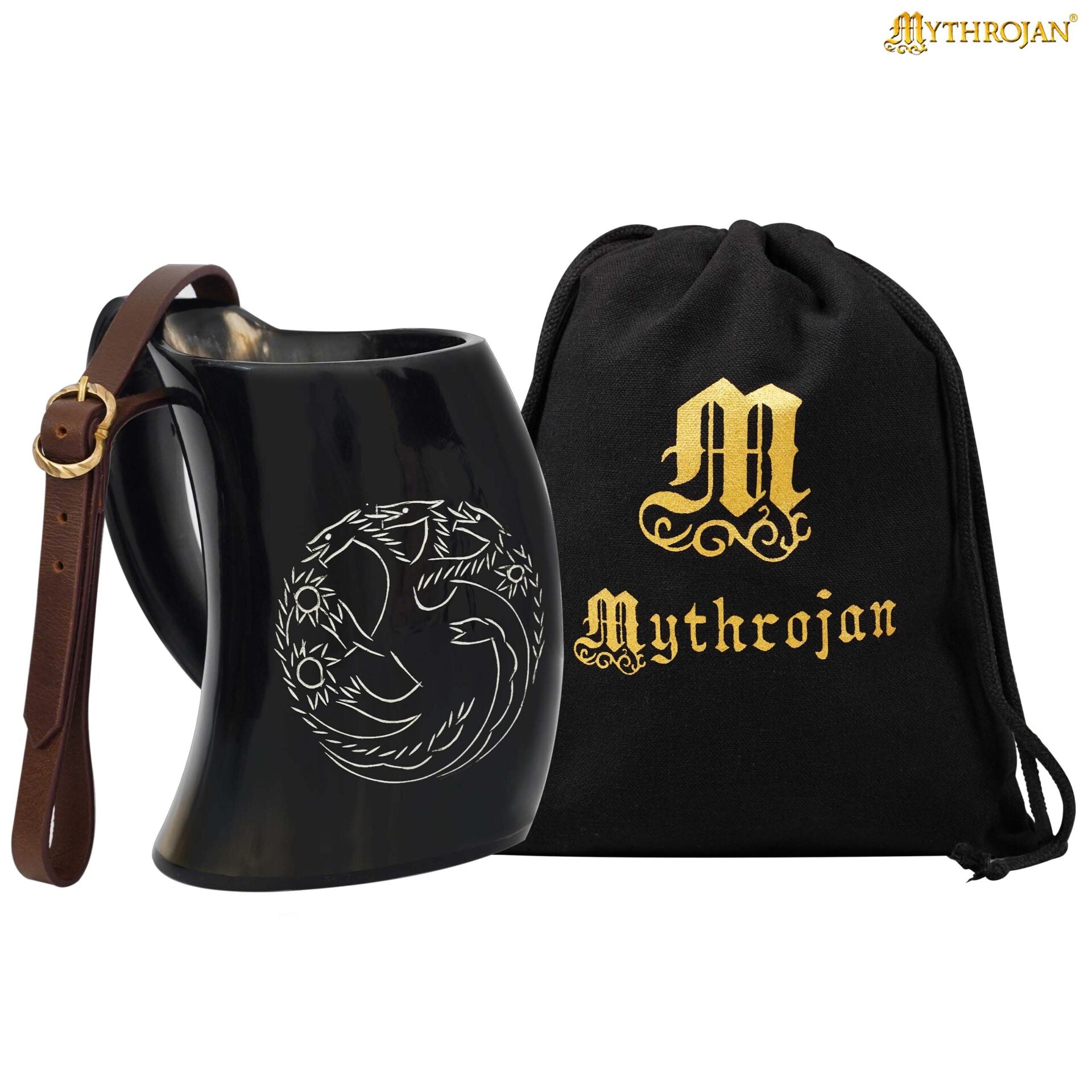 Jarra vikinga de cuerno de buey con sigilo de dragón y correa de cuero - imagen 19