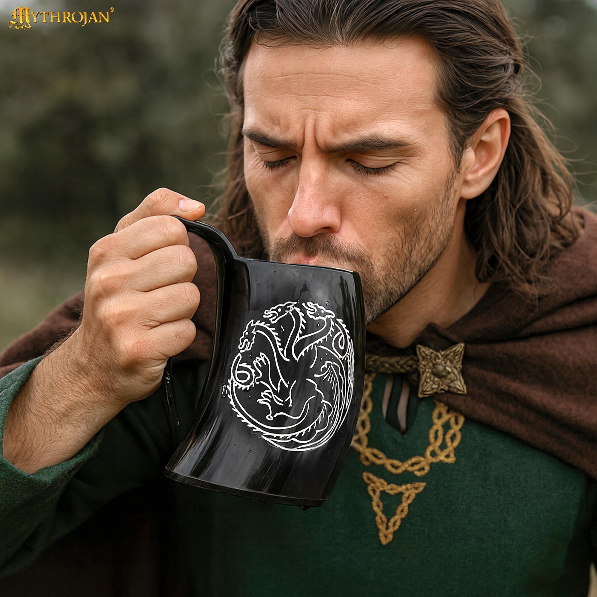 Jarra vikinga de cuerno de buey con sigilo de dragón y correa de cuero - imagen 3