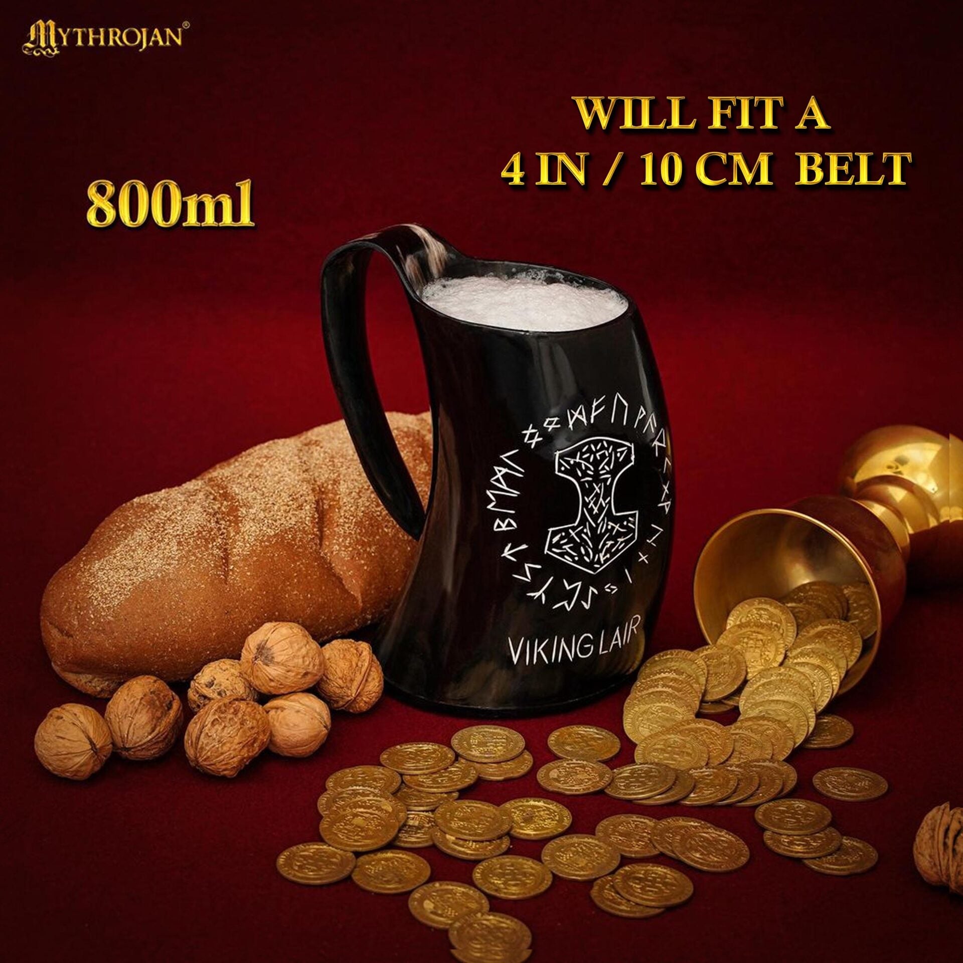 Imagen única de: Cuerno de beber Mjölnir con diseño rúnico y correa de cuero