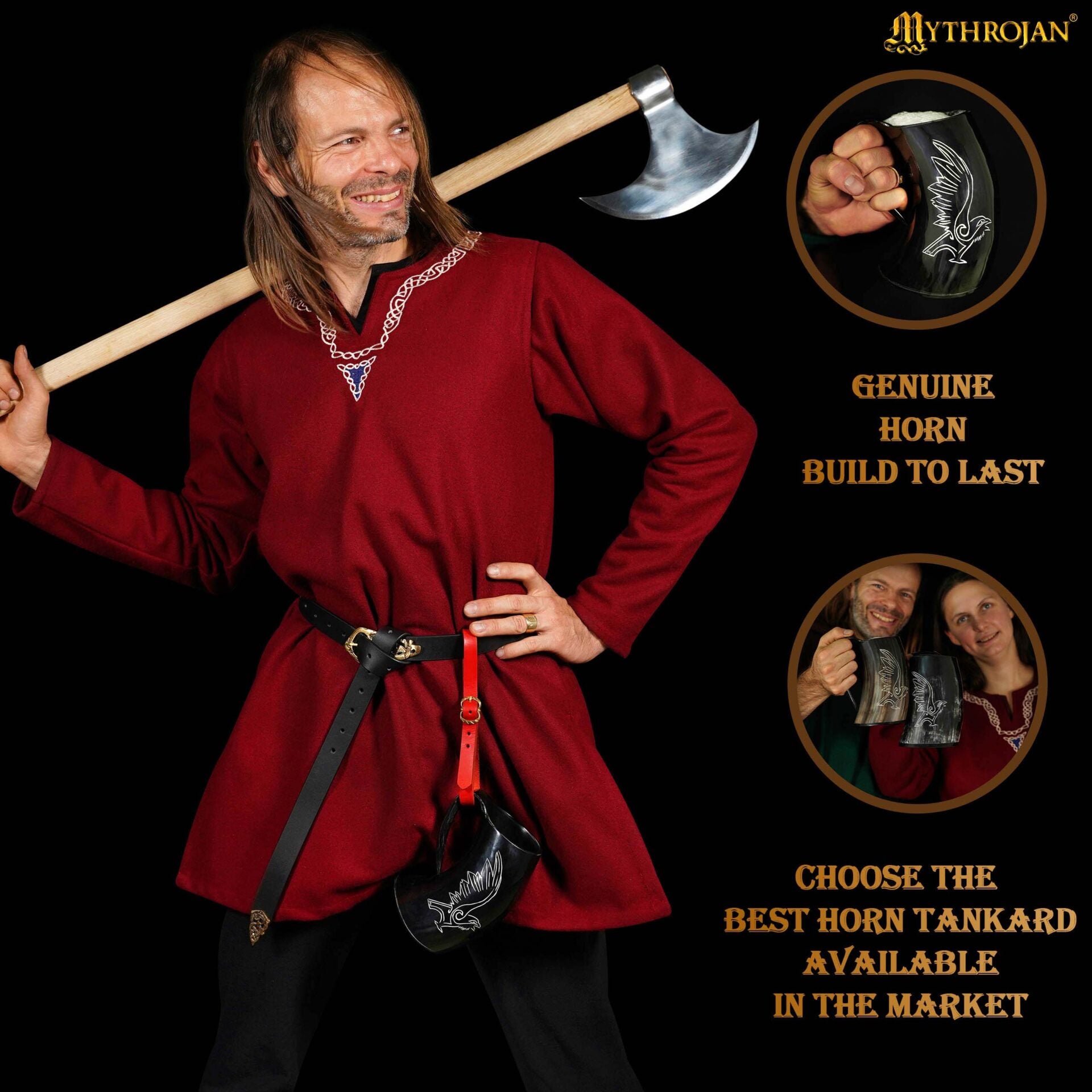 Jarra vikinga de cuerno de buey con soporte de cuero y hebilla de latón - imagen 9