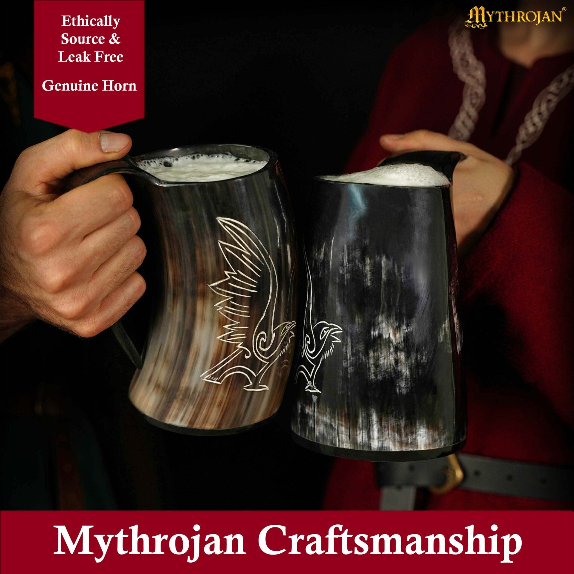 Imagen única de: Cuerno de beber Mjölnir con diseño rúnico y correa de cuero