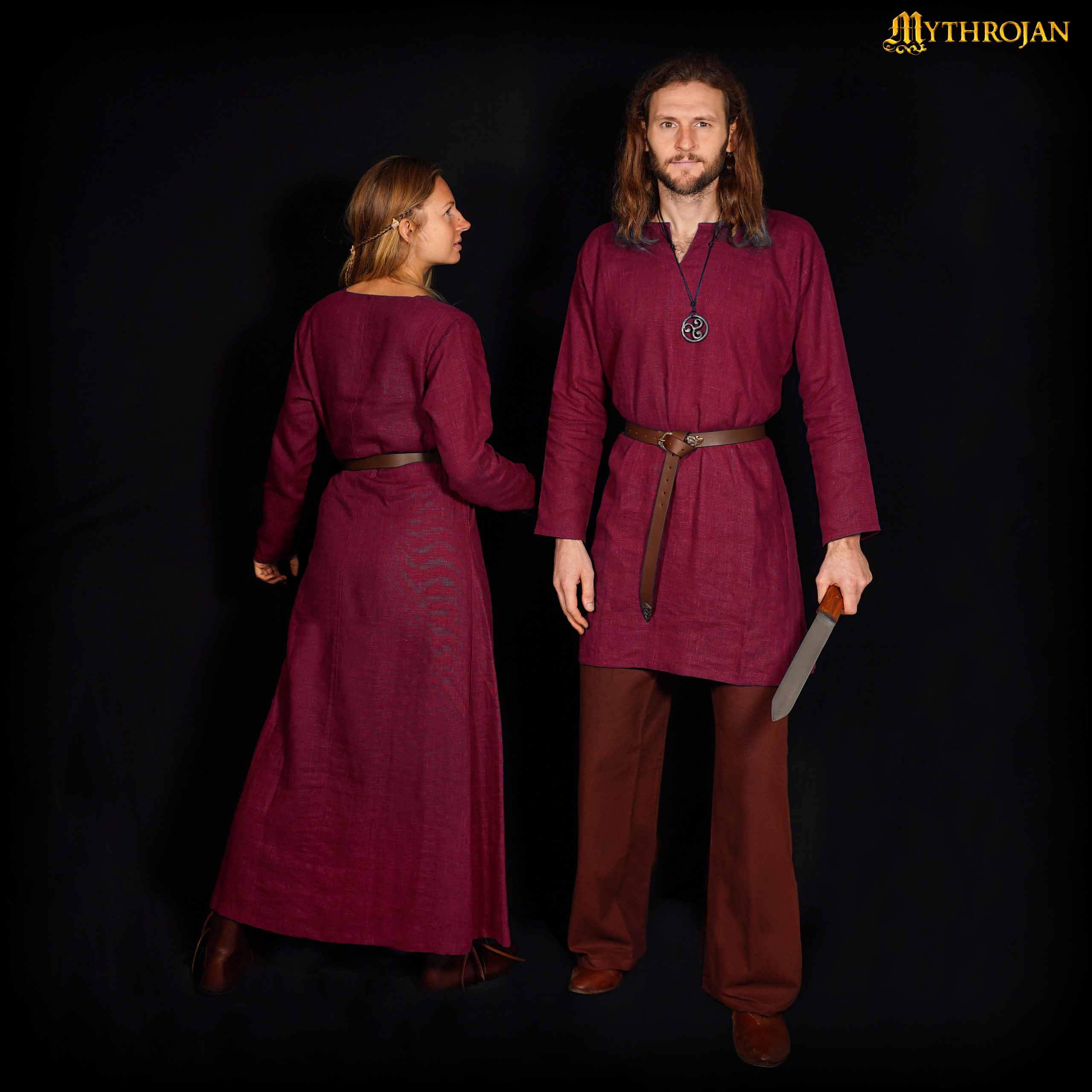 Túnica vikinga Erik en lino 100% - Negro - Rojo vino - L