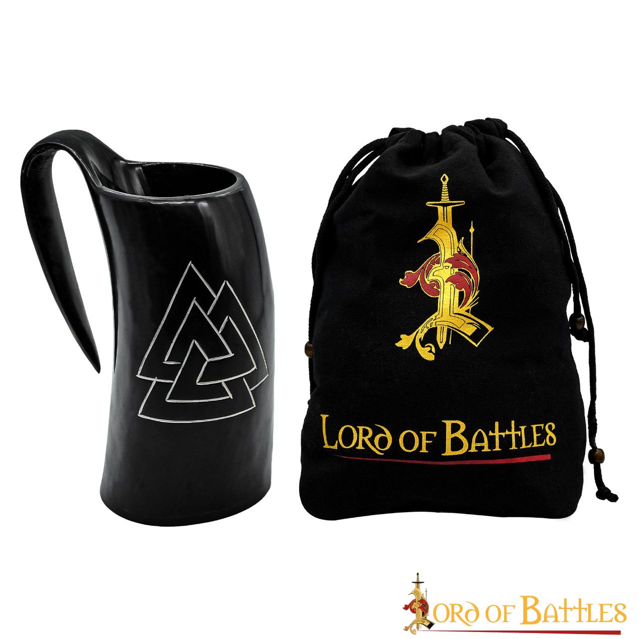 Cuerno vikingo para beber con mano tallada y diseño Valknut