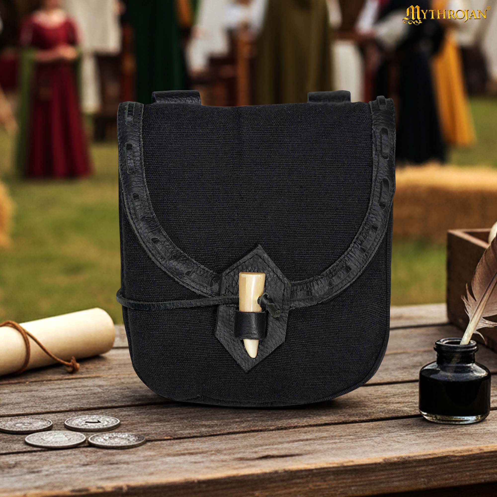 Bolsa de cinturón medieval de lona con cierre de cuerno