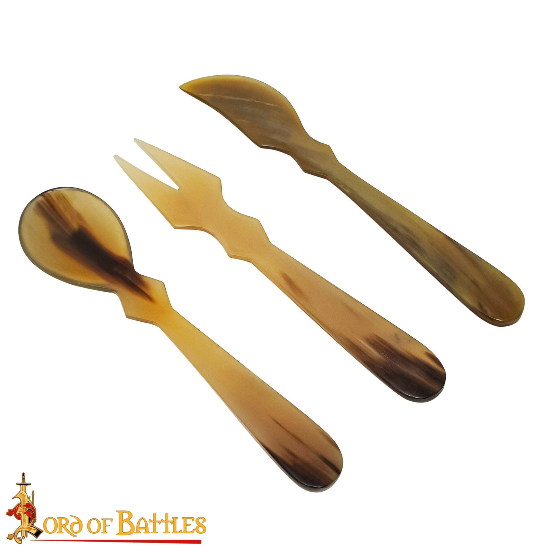 Imagen única de: Juego de Cubiertos Medievales de Cuerno - Cuchara, Tenedor y Cuchillo Tallados a Mano