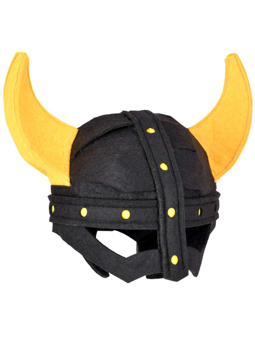 Casco infantil de fieltro negro con cuernos amarillos y contorno ocular decorativo